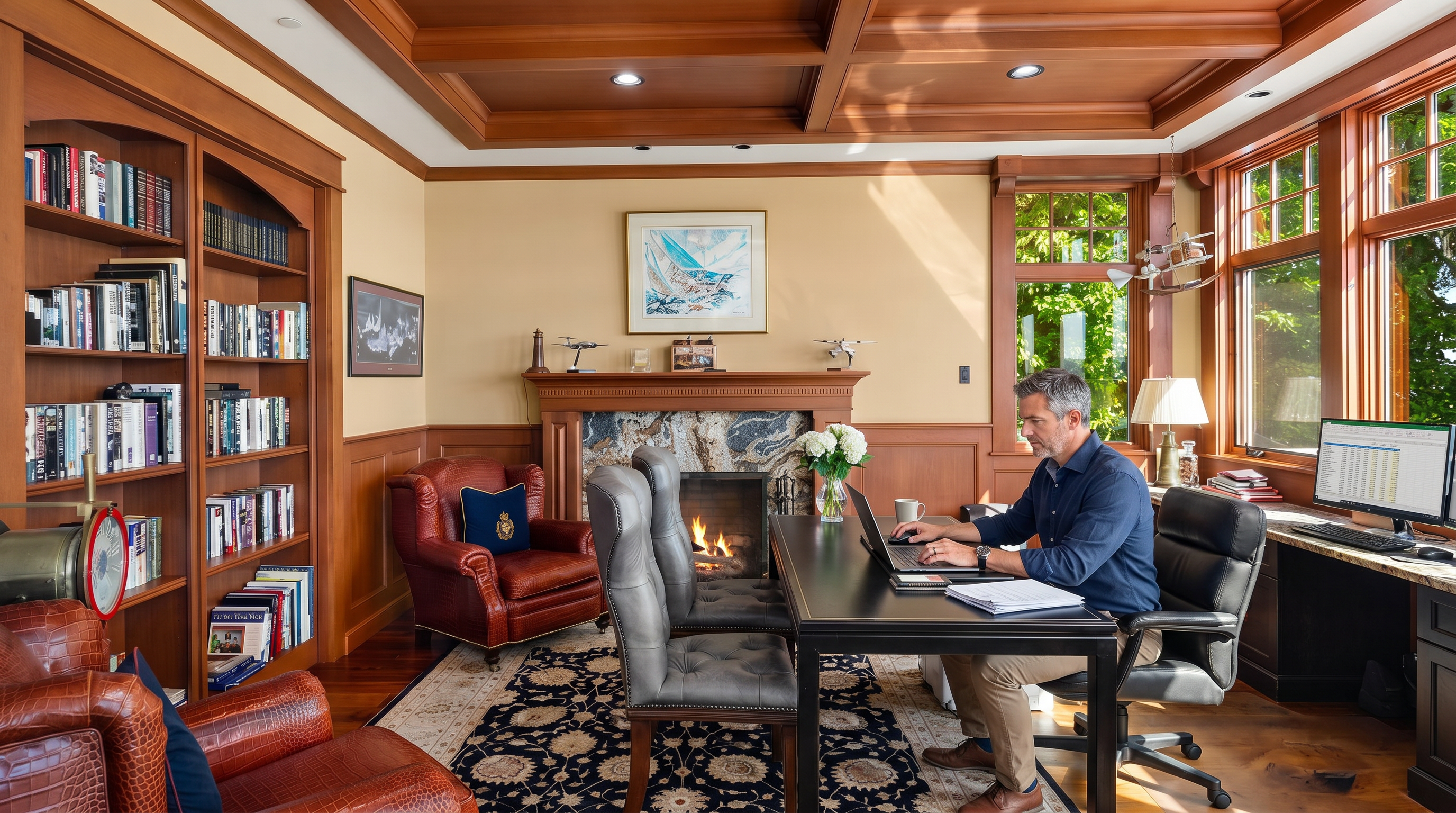 This sophisticated home office features rich wood paneling, a coffered ceiling, and a grand fireplace with a marble surround, creating an atmosphere of classic elegance. The room is furnished with a dark wood desk, leather armchairs, and extensive built-in bookshelves, all set atop a detailed patterned area rug. Large windows allow natural light to flood the space, highlighting the warm wood tones and professional, scholarly aesthetic.