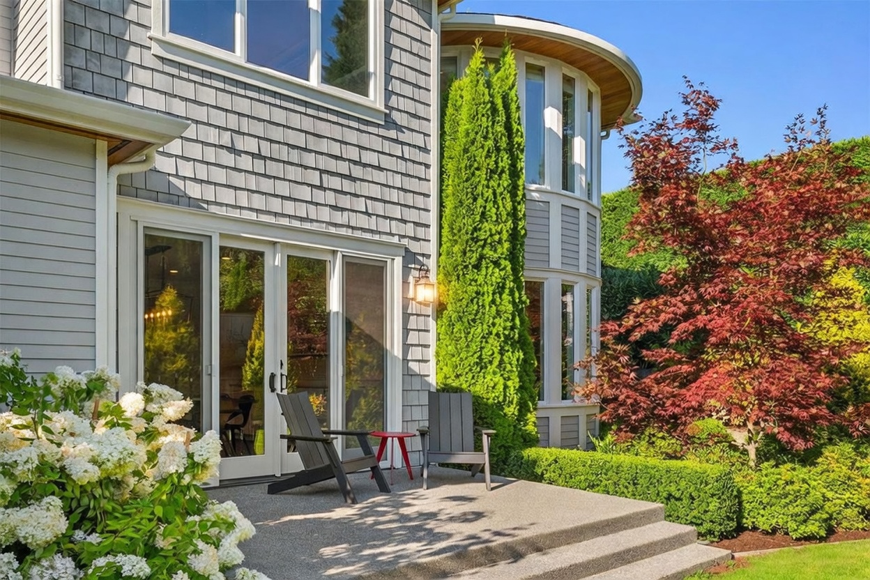 This inviting outdoor living space features a concrete patio furnished with two dark Adirondack chairs and a small red side table. The area is framed by lush landscaping, including a vibrant red Japanese maple and a tall, manicured evergreen, set against the backdrop of a gray shingled home with a curved wall of windows. The scene captures a peaceful, private backyard retreat perfect for relaxation.