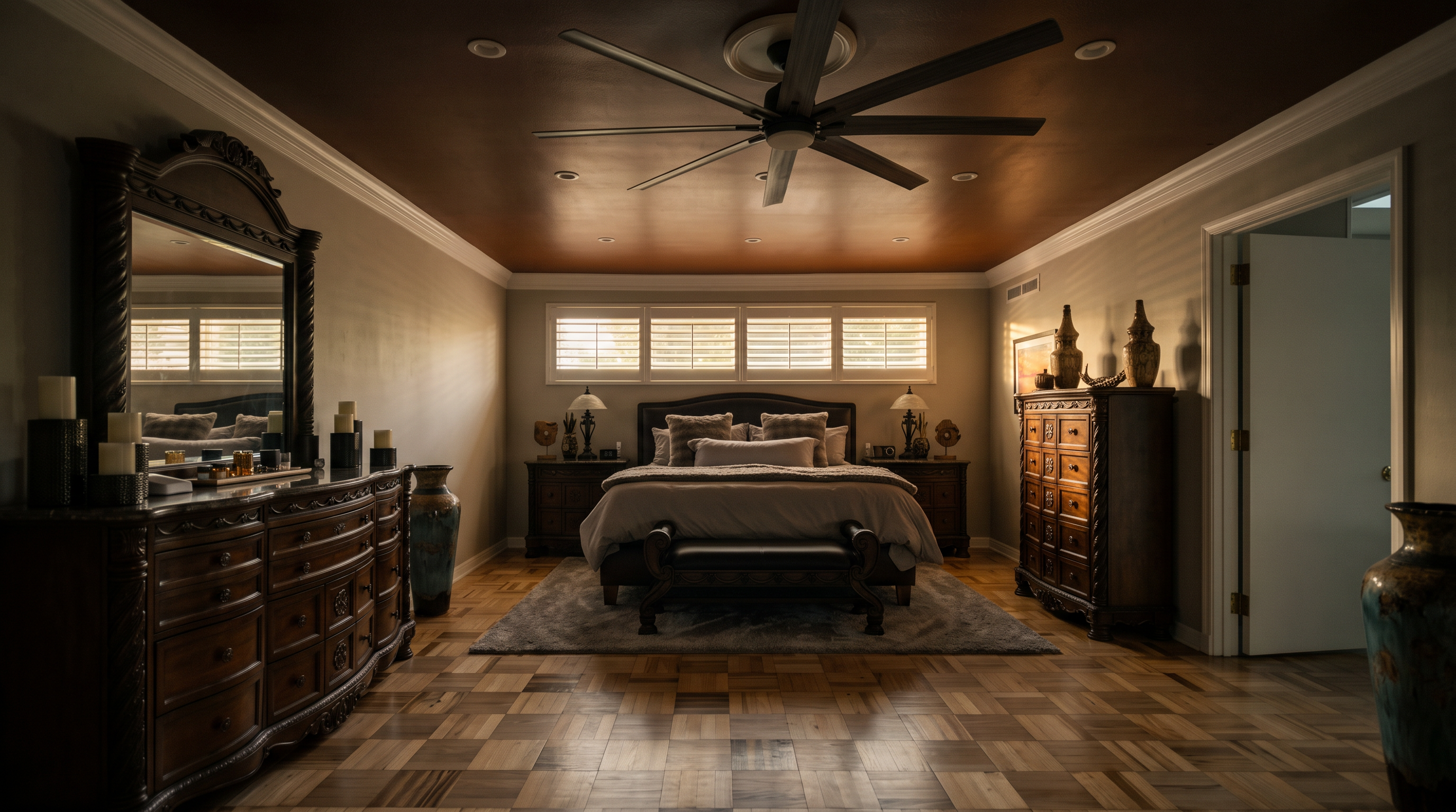 This spacious primary bedroom features a distinctive copper-toned ceiling and intricate parquet wood flooring. The room is anchored by a large, dark wood bed frame flanked by matching nightstands, with a substantial dresser and mirror set on the left and a tall chest of drawers on the right. A large ceiling fan serves as a central focal point, while the neutral walls and soft area rug create a balanced, sophisticated atmosphere.