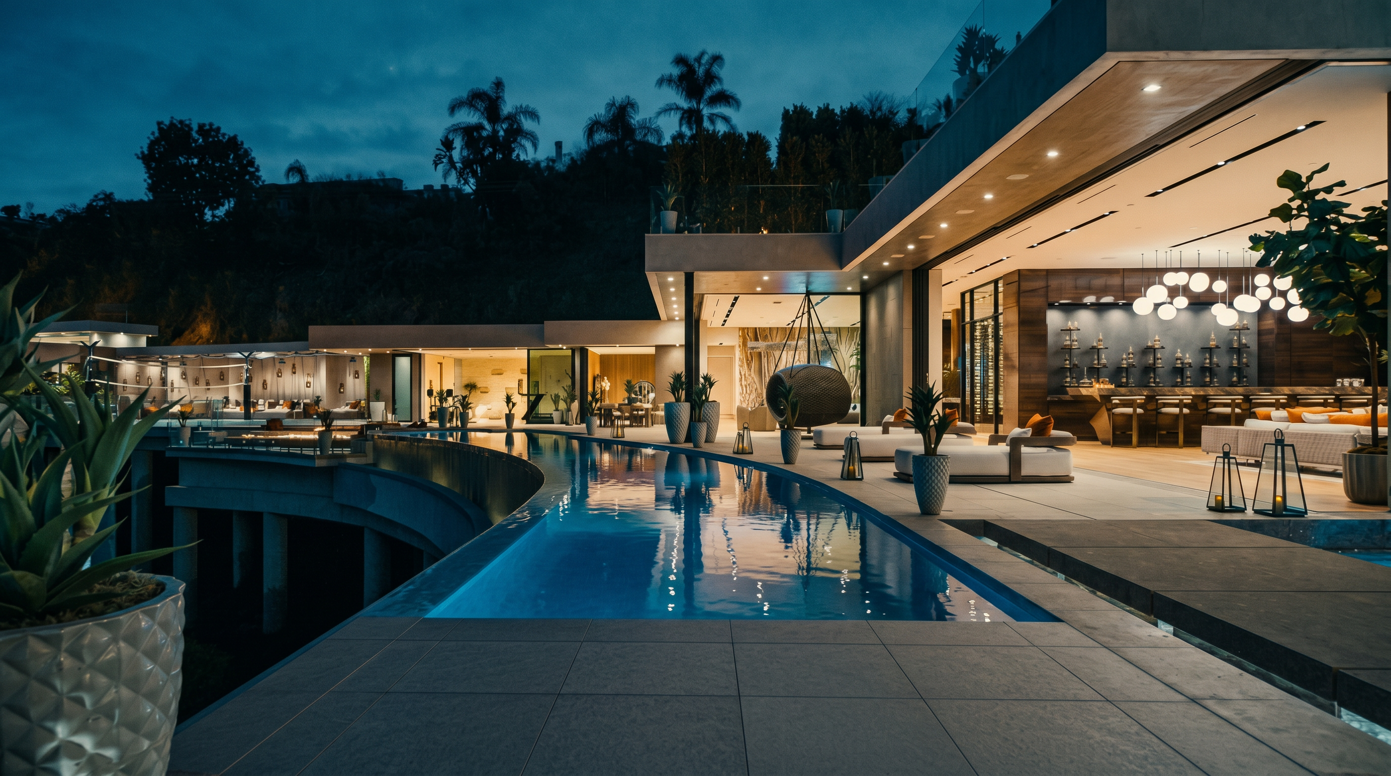 This stunning luxury estate features a dramatic, curved infinity-edge pool that seamlessly blends with the evening sky. The open-concept indoor-outdoor living space showcases a sophisticated bar area, modern lounge seating, and a hanging chair, all illuminated by elegant recessed lighting. The cinematic perspective captures the transition from the tranquil, glowing blue water to the warm, inviting interior, emphasizing a high-end, resort-style lifestyle.