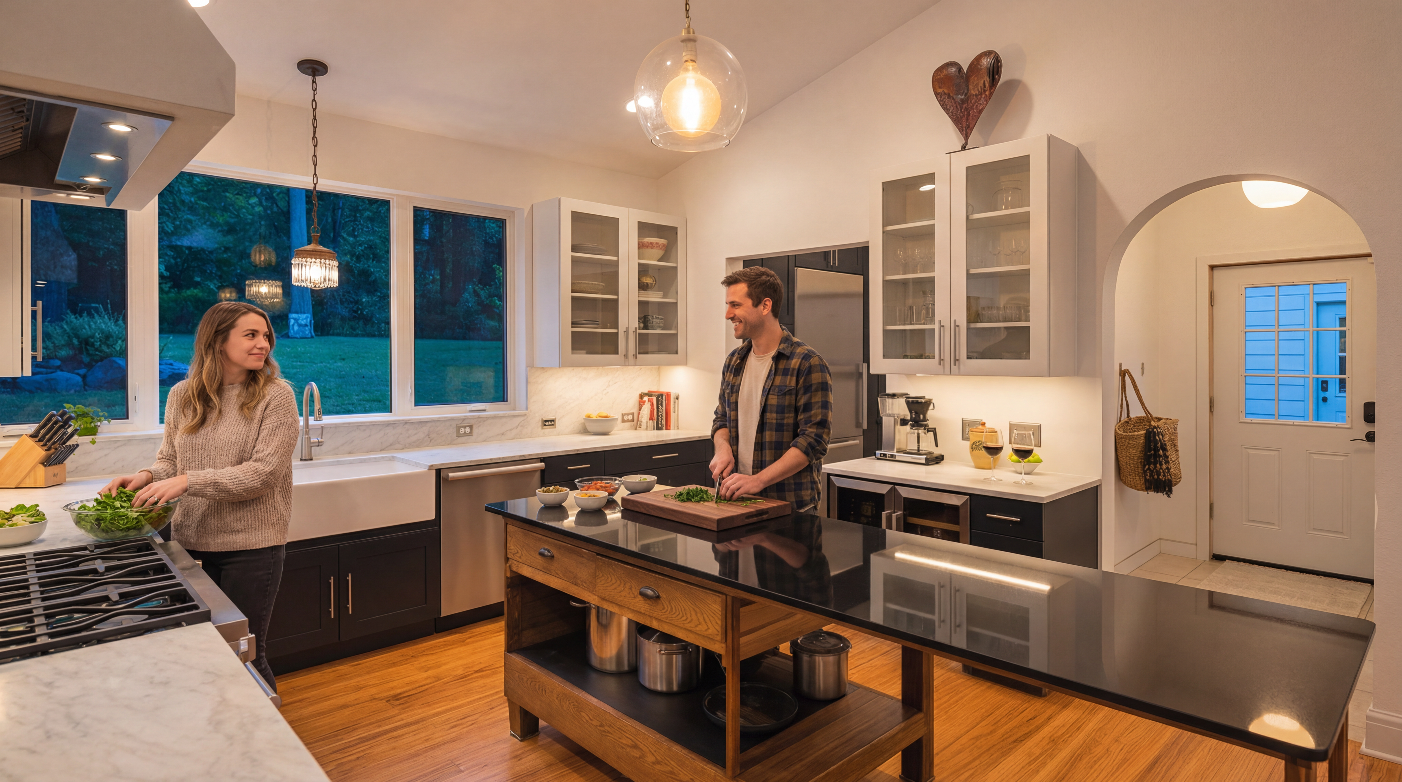 This bright, modern kitchen features a large central island with a dark stone countertop and open shelving for cookware storage. The space is equipped with dark lower cabinetry, white upper cabinets, and a farmhouse-style sink positioned beneath a wide window overlooking a lush green yard. An arched doorway leads to an exterior entry, while a pendant light and recessed lighting provide warm illumination throughout the room.