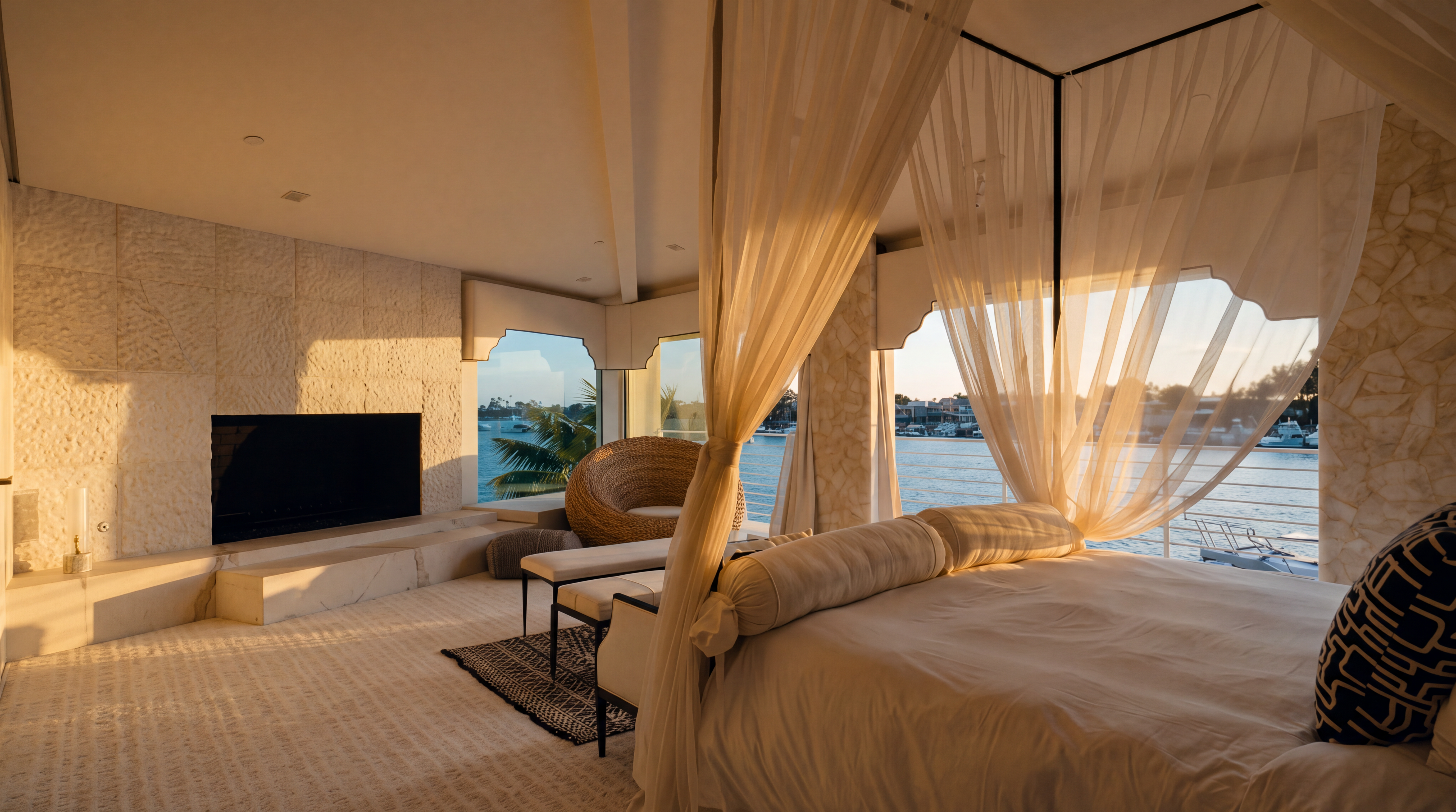 This primary bedroom features a prominent four-poster canopy bed draped in sheer white fabric, positioned to overlook a serene waterfront view through large windows. The room is anchored by a textured stone-clad wall featuring a built-in fireplace and a neutral, minimalist color palette. The perspective captures the tranquil atmosphere of the space, highlighting the seamless integration between the luxurious interior and the outdoor water scenery.