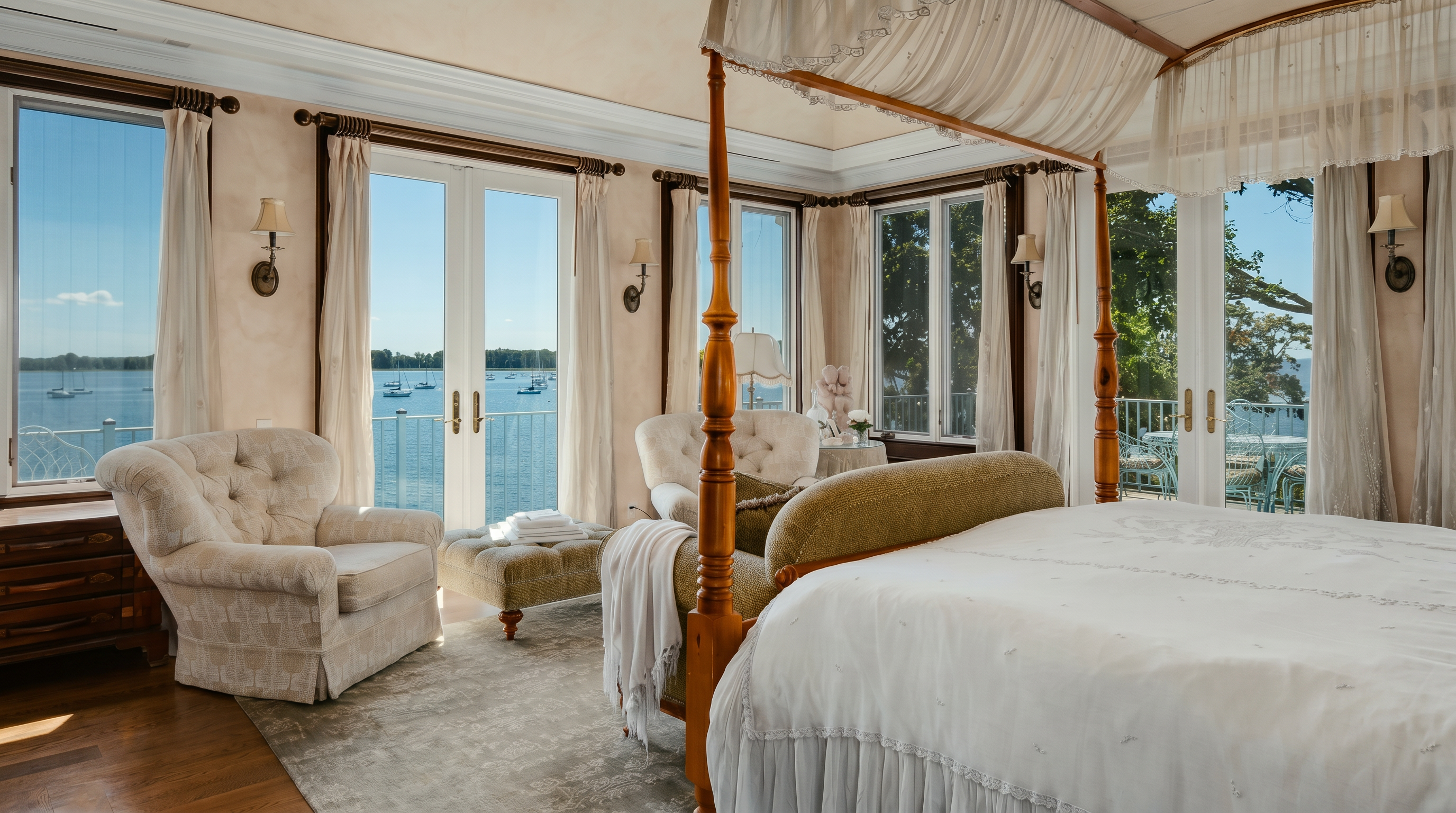 This elegant primary bedroom features a prominent four-poster canopy bed as the central focal point, complemented by a soft, neutral color palette. Large glass doors open onto a balcony, providing expansive, unobstructed views of the water and boats. The room is furnished with plush armchairs and a matching ottoman, creating a serene and luxurious atmosphere.