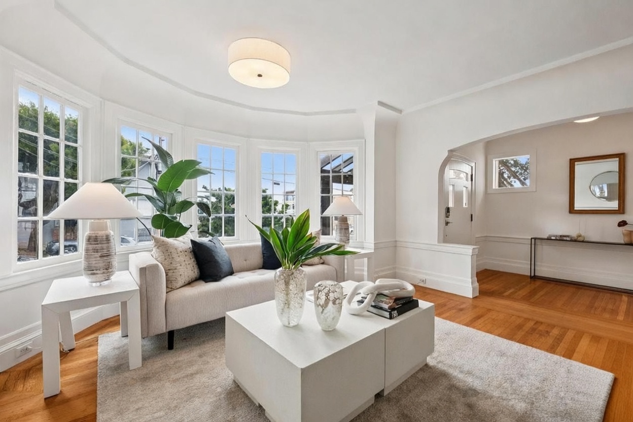 This bright and airy living room features a curved bay window that floods the space with natural light, highlighting the warm-toned hardwood floors. The room is furnished with a neutral-toned sofa, a modern white coffee table, and elegant table lamps, creating a sophisticated and inviting atmosphere. An arched entryway leads into an adjacent space, adding architectural interest to this well-appointed, classic home interior.
