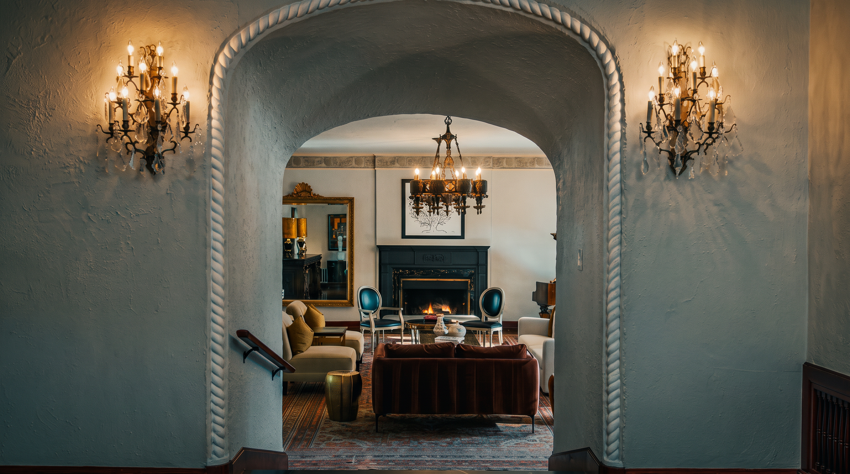 This view is captured from a slightly elevated position, looking through a grand, rope-molded arched doorway into a sophisticated living room. The space features a dark, ornate fireplace surround as a focal point, flanked by elegant chairs and a plush, velvet-textured sofa. Crystal wall sconces and a matching chandelier add a touch of classic luxury to the room, which is anchored by a large, intricately patterned area rug.
