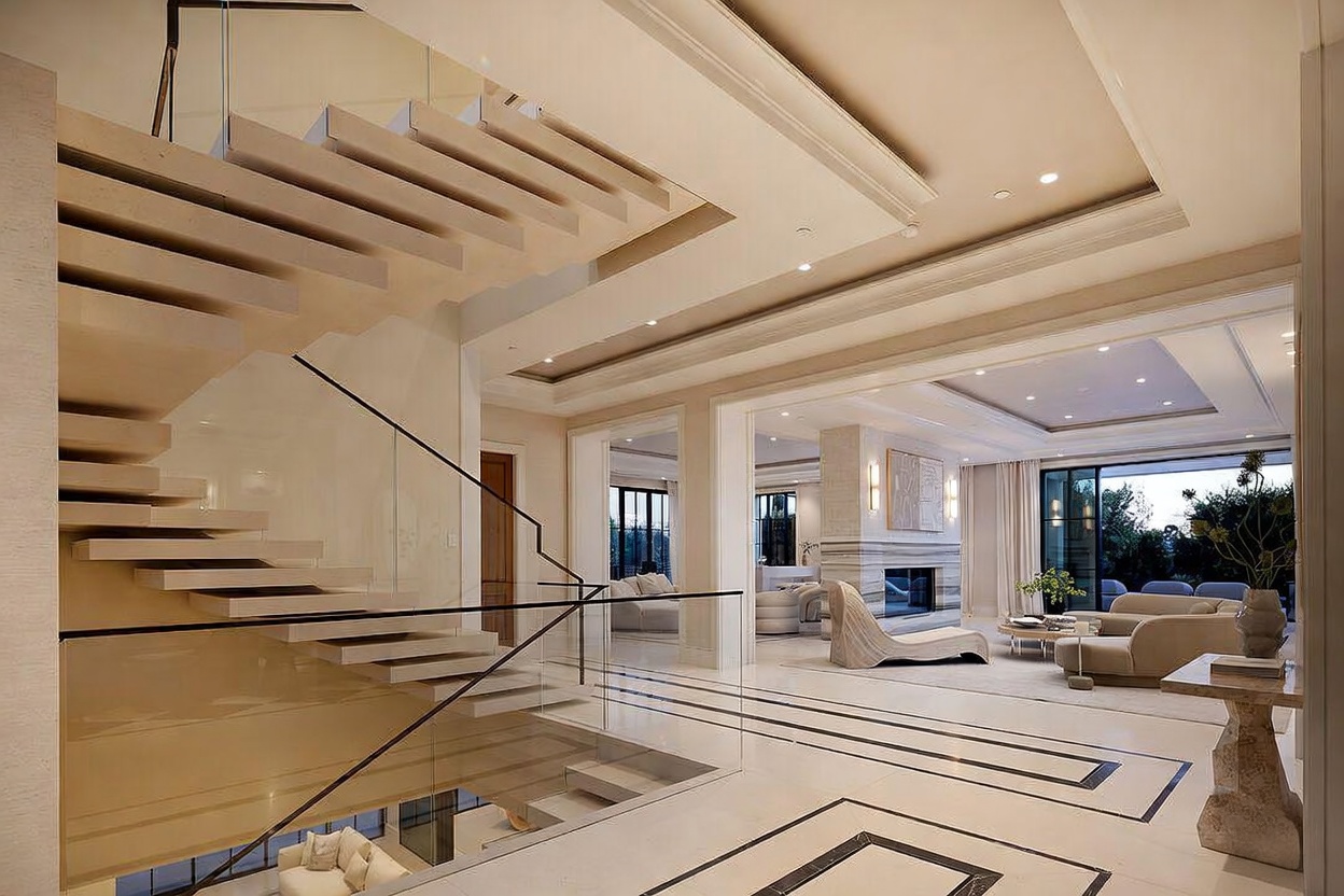 This grand entryway features a striking floating staircase with glass railings and light-toned treads, serving as a central architectural focal point. The open-concept layout flows seamlessly into a spacious living area, which is anchored by a prominent stone-clad chimney breast and large windows that provide a view of the outdoor greenery. The interior design emphasizes a sophisticated, neutral palette with clean lines and polished surfaces, creating an airy and luxurious atmosphere.