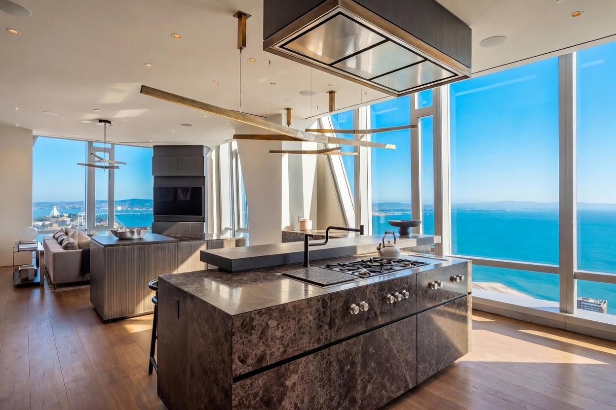 This sophisticated, open-concept kitchen features a large central island with a dark stone countertop and integrated cooktop, serving as the focal point of the space. The room is framed by expansive floor-to-ceiling windows that provide panoramic views of the bay and city skyline, bathing the interior in natural light. A sculptural, multi-tiered light fixture hangs above the island, while a sleek, dark-toned chimney breast adds a dramatic architectural element to the adjacent living area.