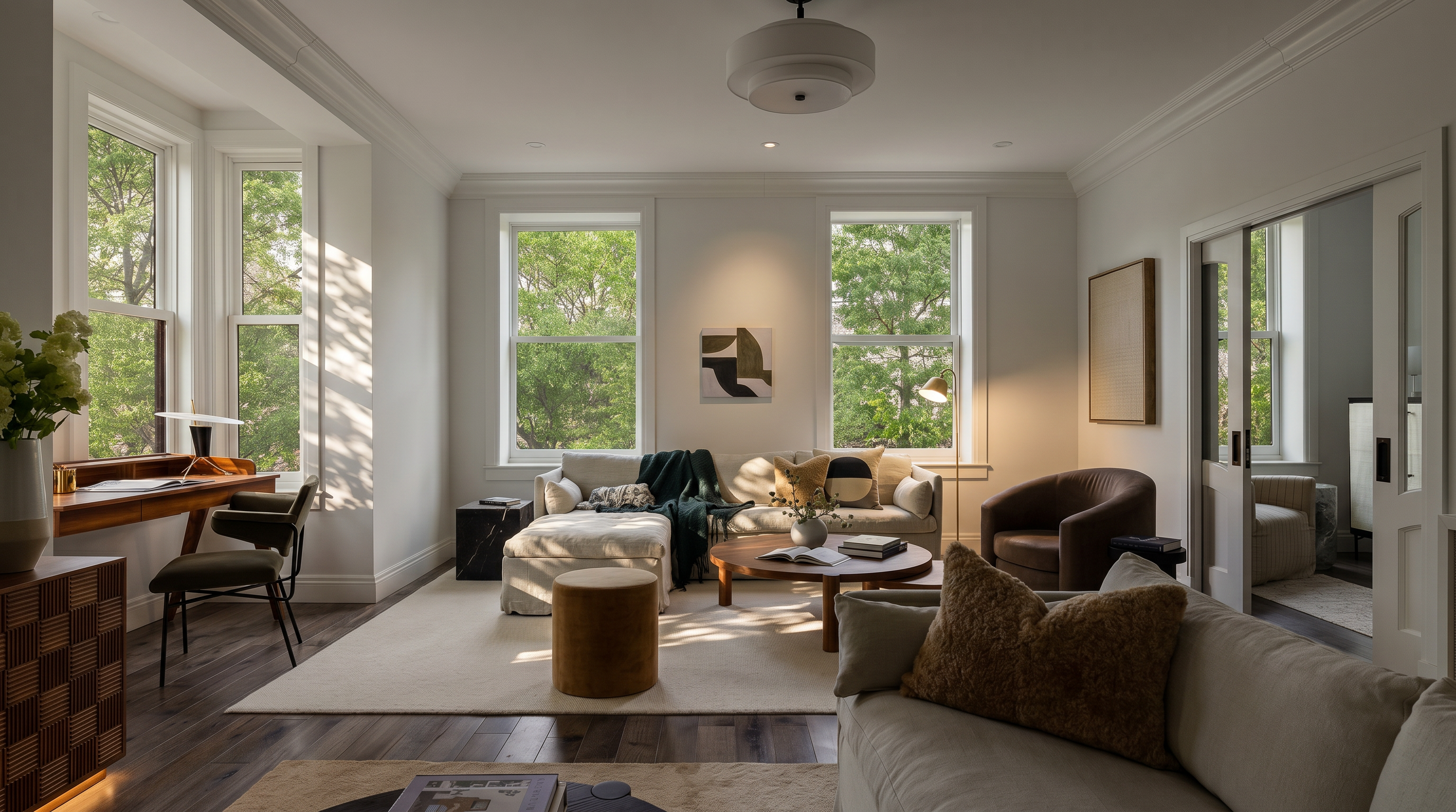 This bright and airy living room features a sophisticated, neutral color palette with warm wood flooring and large windows that flood the space with natural light. The room is anchored by a plush sectional sofa, a round wooden coffee table, and a dedicated workspace area, creating a seamless blend of comfort and functionality. The cinematic perspective captures the open-concept layout, highlighting the elegant transition between the main seating area and the adjacent room visible through sliding glass doors.