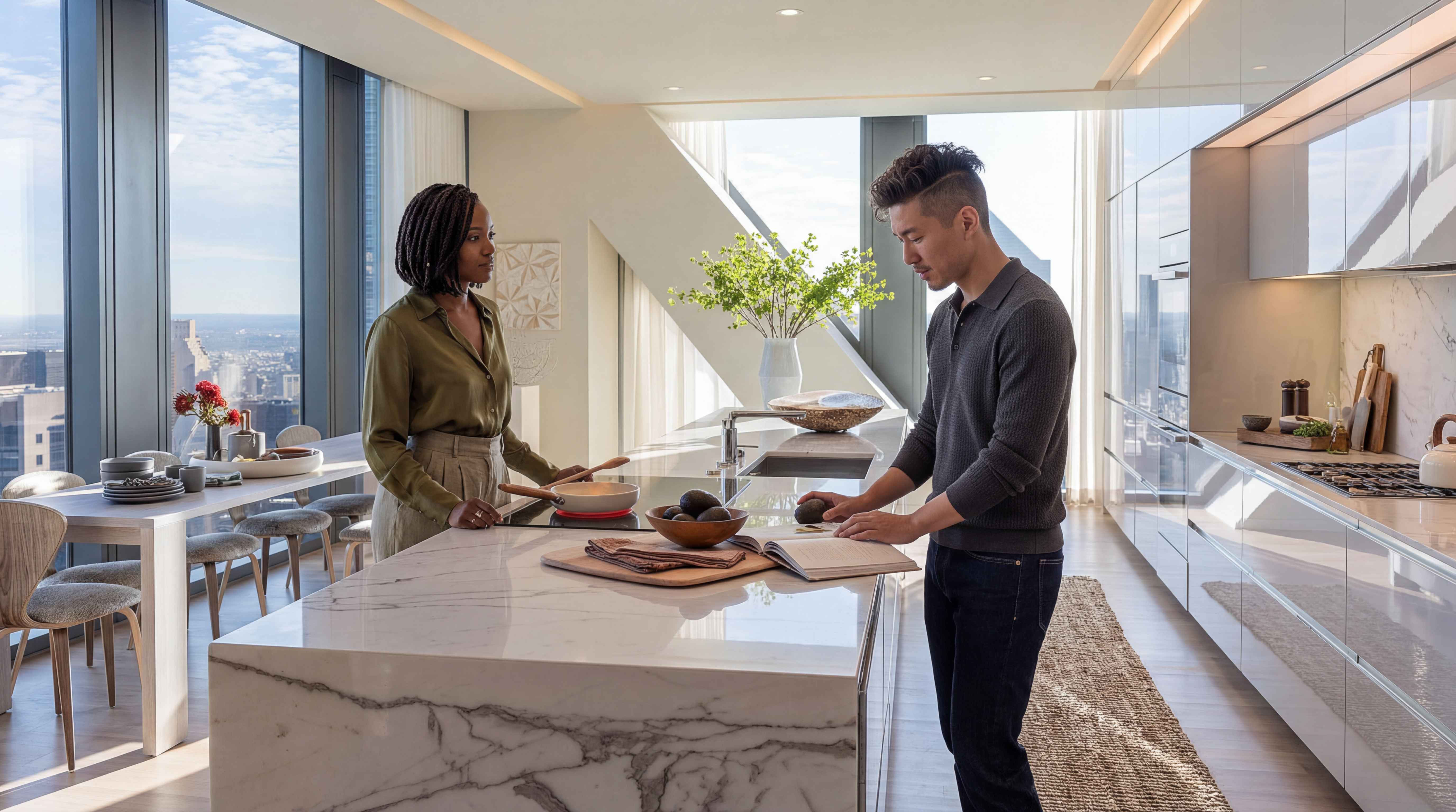 This sophisticated, modern kitchen features a spacious marble waterfall island, sleek high-end cabinetry, and panoramic floor-to-ceiling windows that provide extensive city views. The open-concept design seamlessly incorporates a dining area, emphasizing a luxurious and airy living environment. High-quality finishes and state-of-the-art appliances underscore a premium, contemporary aesthetic perfect for culinary activities and social gatherings.