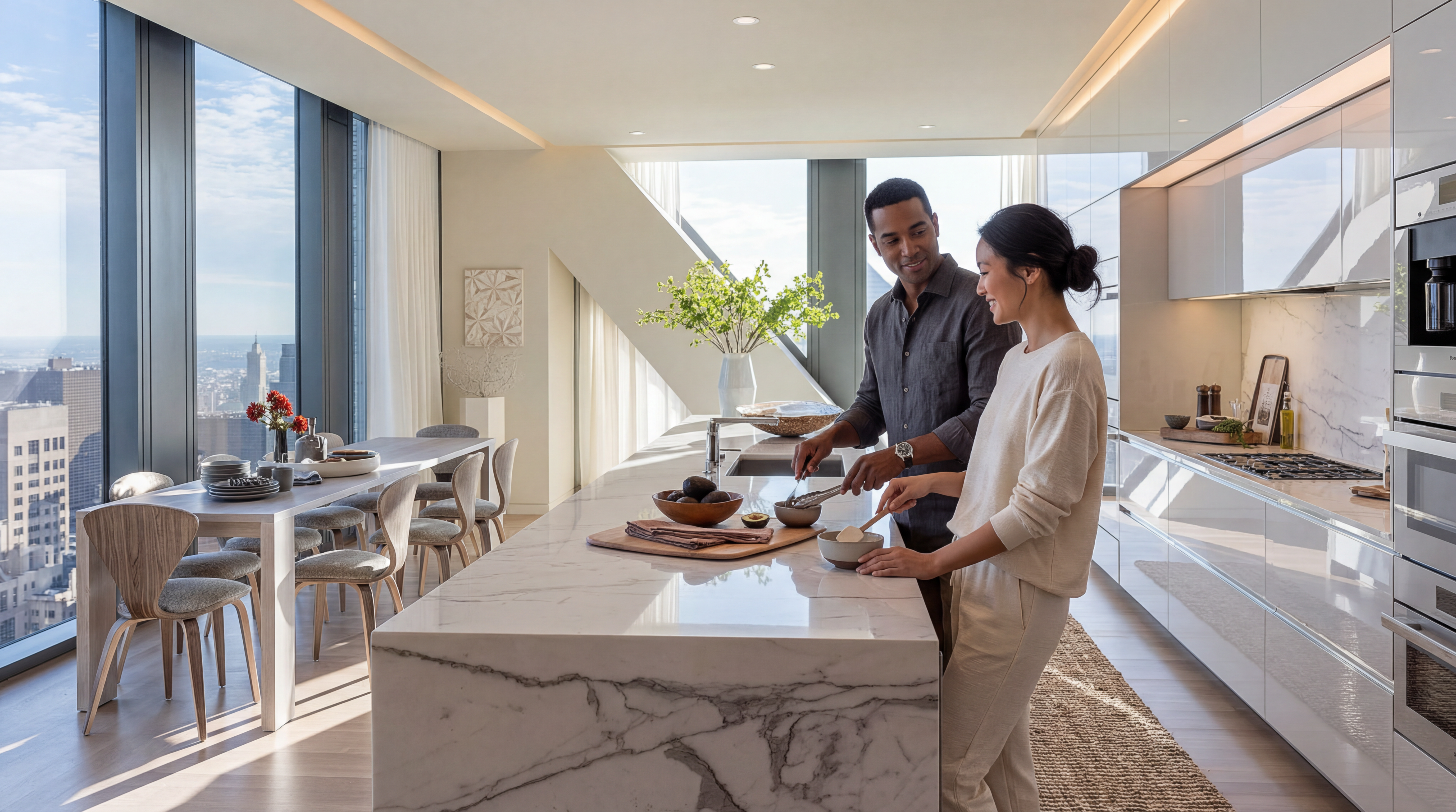 This sleek, modern kitchen features a spacious marble waterfall island and clean-lined cabinetry, elegantly merging culinary functionality with a sophisticated aesthetic. A dining area sits adjacent, framed by floor-to-ceiling windows that provide striking, expansive city views. The harmonious blend of high-end finishes, neutral tones, and abundant natural light creates a luxurious and inviting living environment.