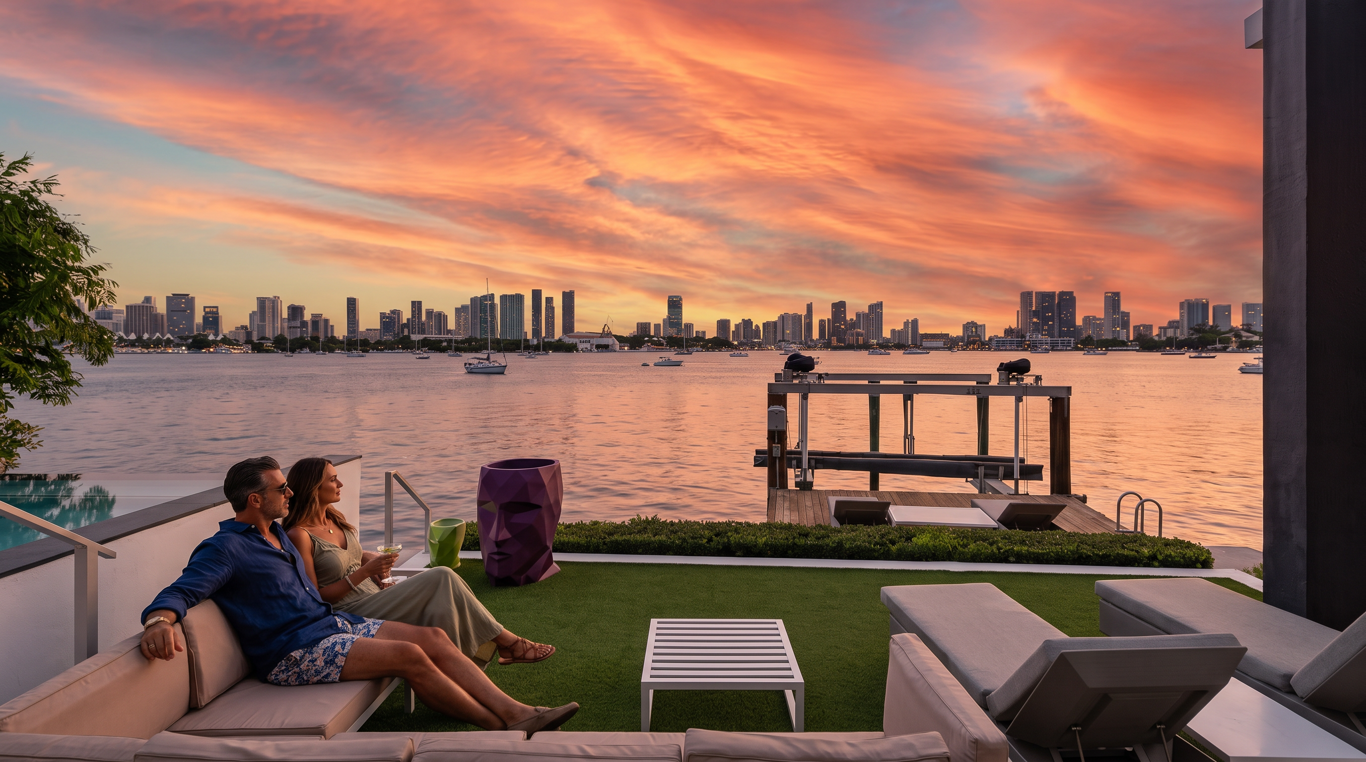 This luxurious waterfront terrace features a manicured artificial turf area furnished with a contemporary sectional sofa and a white slatted coffee table. To the right, two lounge chairs overlook a private wooden dock equipped with a boat lift, set against a stunning panoramic backdrop of a city skyline across the bay. The scene is bathed in bright, natural sunlight, emphasizing the high-end outdoor living space and its prime coastal location.