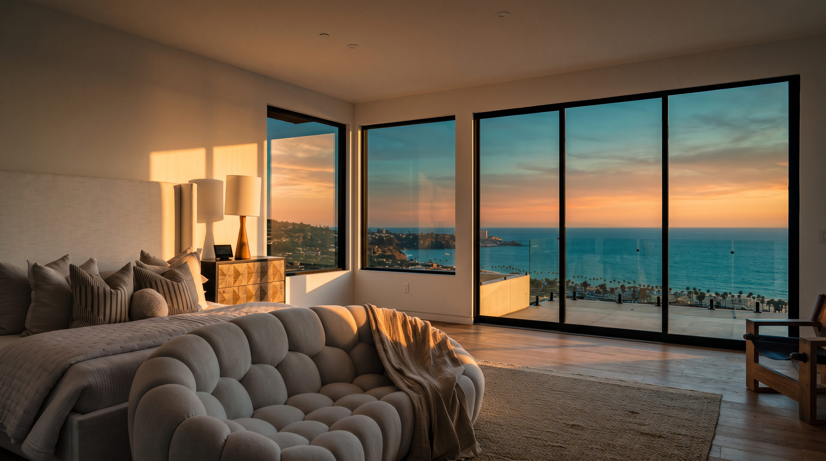 This primary bedroom features a contemporary design with a plush, tufted sofa positioned at the foot of the bed. The room is defined by expansive floor-to-ceiling windows that provide panoramic views of the ocean and coastline. A neutral color palette, light wood flooring, and a textured area rug create a serene and luxurious atmosphere.