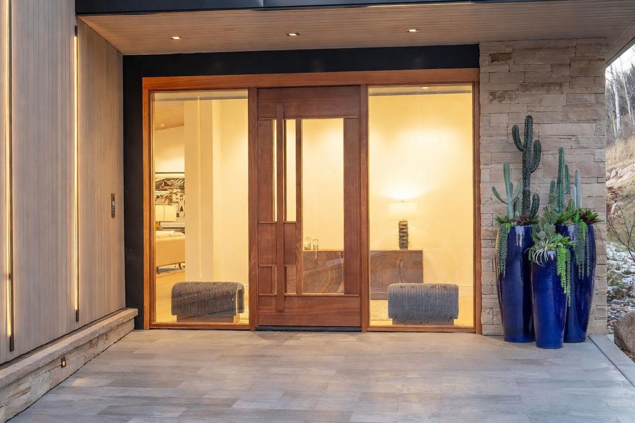 This sophisticated entryway features a prominent wood-framed glass door flanked by large glass panels, creating a seamless transition between the exterior and the interior. The porch is paved with large-format stone tiles and is accented by two tall, vibrant blue planters filled with cacti and succulents. The overall aesthetic is modern and architectural, highlighted by warm, integrated lighting that casts a welcoming glow on the stone-clad wall and the textured wood siding.