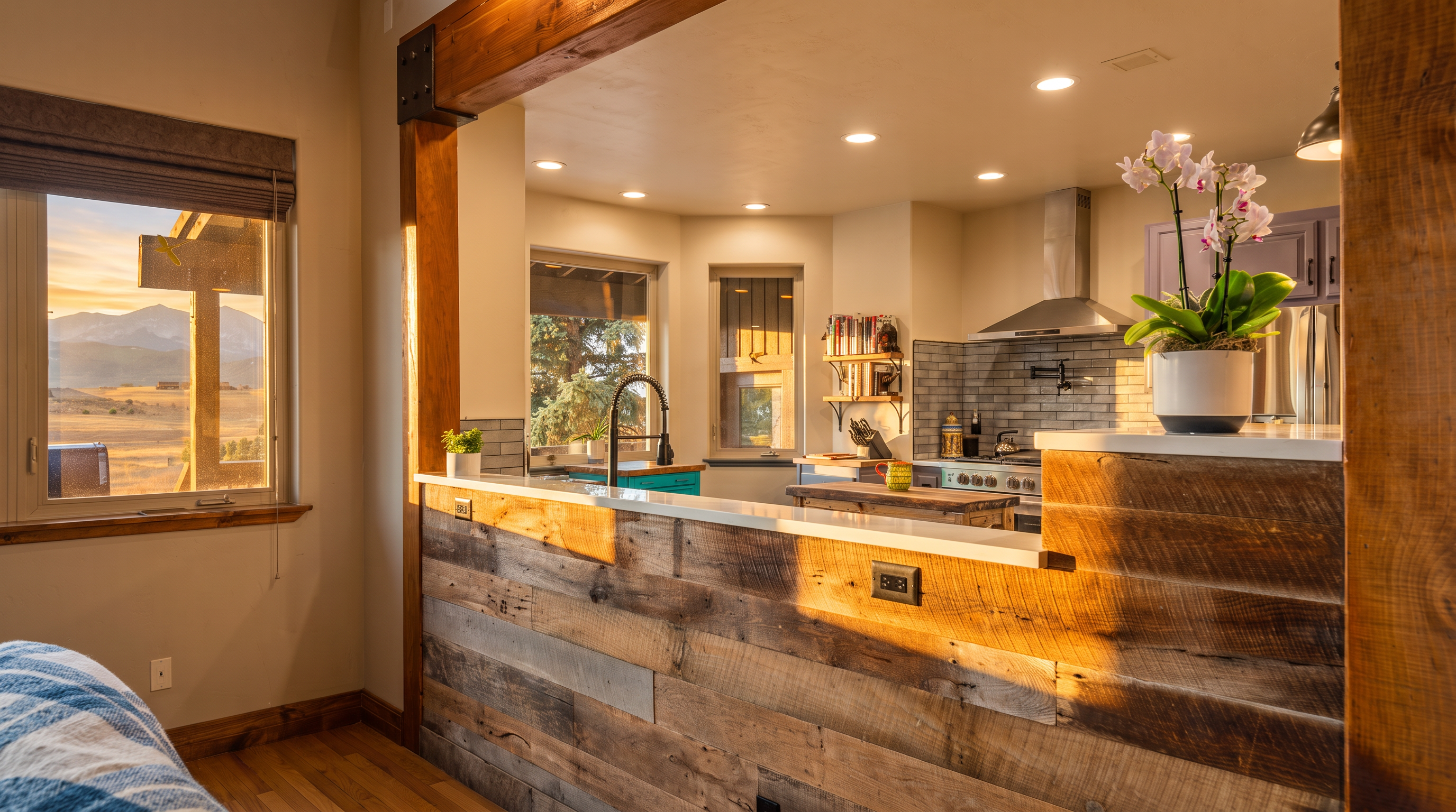 This kitchen features a rustic mountain aesthetic, characterized by a reclaimed wood-paneled peninsula and exposed timber beams. The space includes a clean white countertop, modern light gray subway tile backsplash, and stainless steel appliances, creating a balanced blend of warmth and contemporary functionality. A large window framing a scenic mountain view adds significant natural light and visual appeal to the open-concept layout.