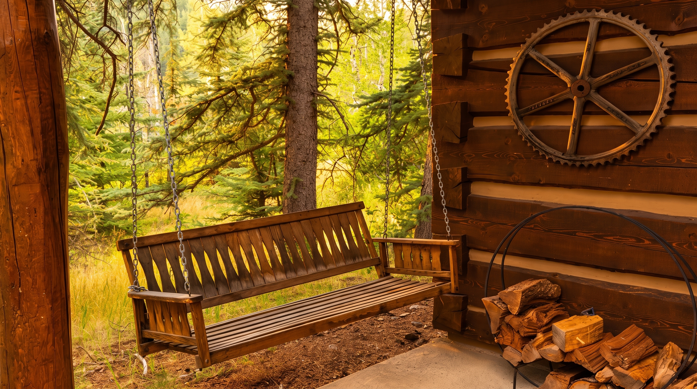 This rustic porch area features a wooden swing suspended by chains, set against a log-style wall adorned with a large vintage metal gear. A stack of firewood rests on the concrete floor, adding to the cozy, cabin-like atmosphere. The perspective looks out from the covered porch toward a lush, wooded forest, creating a peaceful and secluded outdoor retreat.