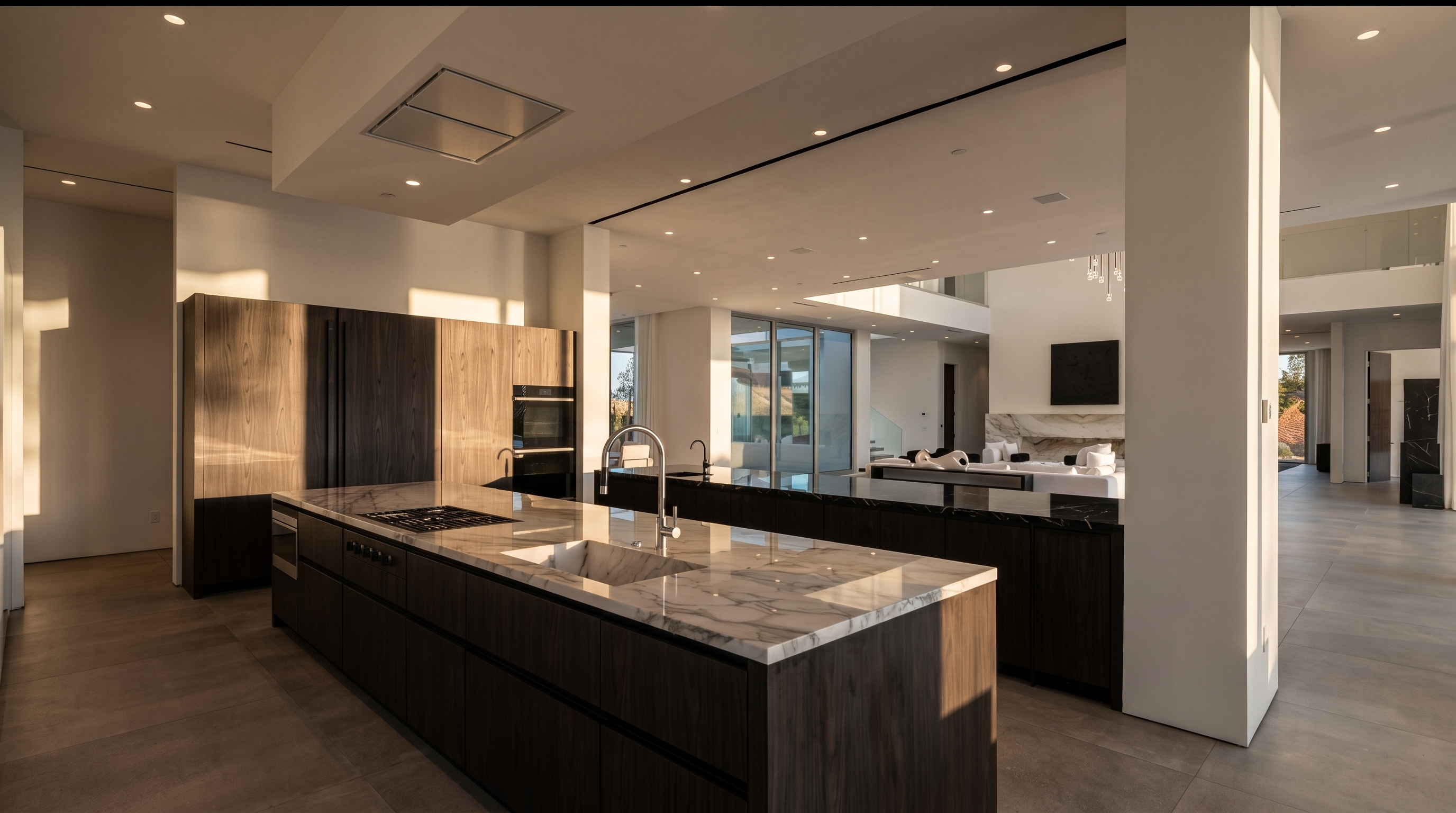 This modern kitchen features a large central island with a stone countertop and integrated sink, paired with dark wood-toned cabinetry. The open-concept design flows seamlessly into a bright, expansive living area visible in the background. Recessed lighting and a sleek, minimalist aesthetic define the space, creating a sophisticated and airy atmosphere.