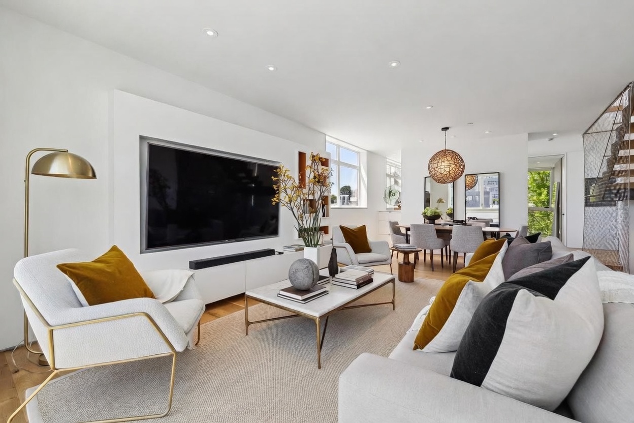 This bright and contemporary living room features an open-concept layout that flows seamlessly into a dining area. The space is anchored by a large, wall-mounted television set against a clean white feature wall, complemented by a marble-topped coffee table and plush, neutral-toned seating with mustard-yellow accent pillows. Large windows allow for abundant natural light, while a unique spherical pendant light fixture adds a modern artistic touch to the adjacent dining space.