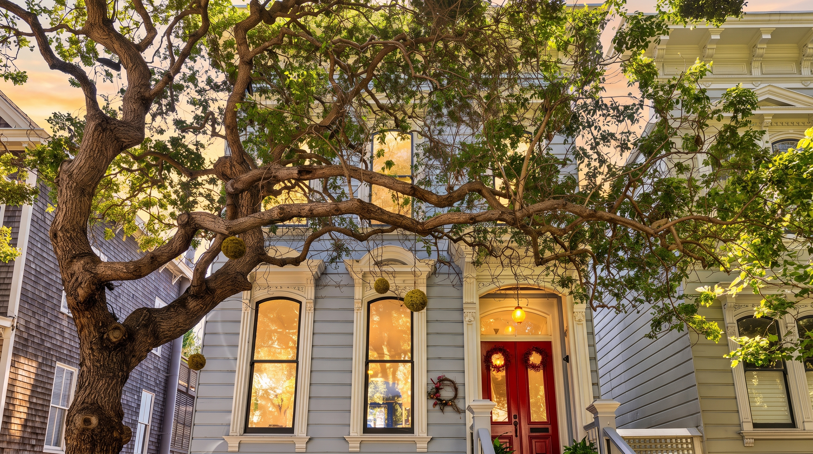 This charming Victorian-style home features a light blue horizontal siding facade accented by ornate white trim and decorative molding. A prominent, mature tree with sprawling branches frames the front of the house, which includes tall, arched windows and a vibrant red front door adorned with seasonal wreaths. The perspective is a low-angle shot looking up at the architectural details and the canopy of the tree, creating a welcoming and historic curb appeal.