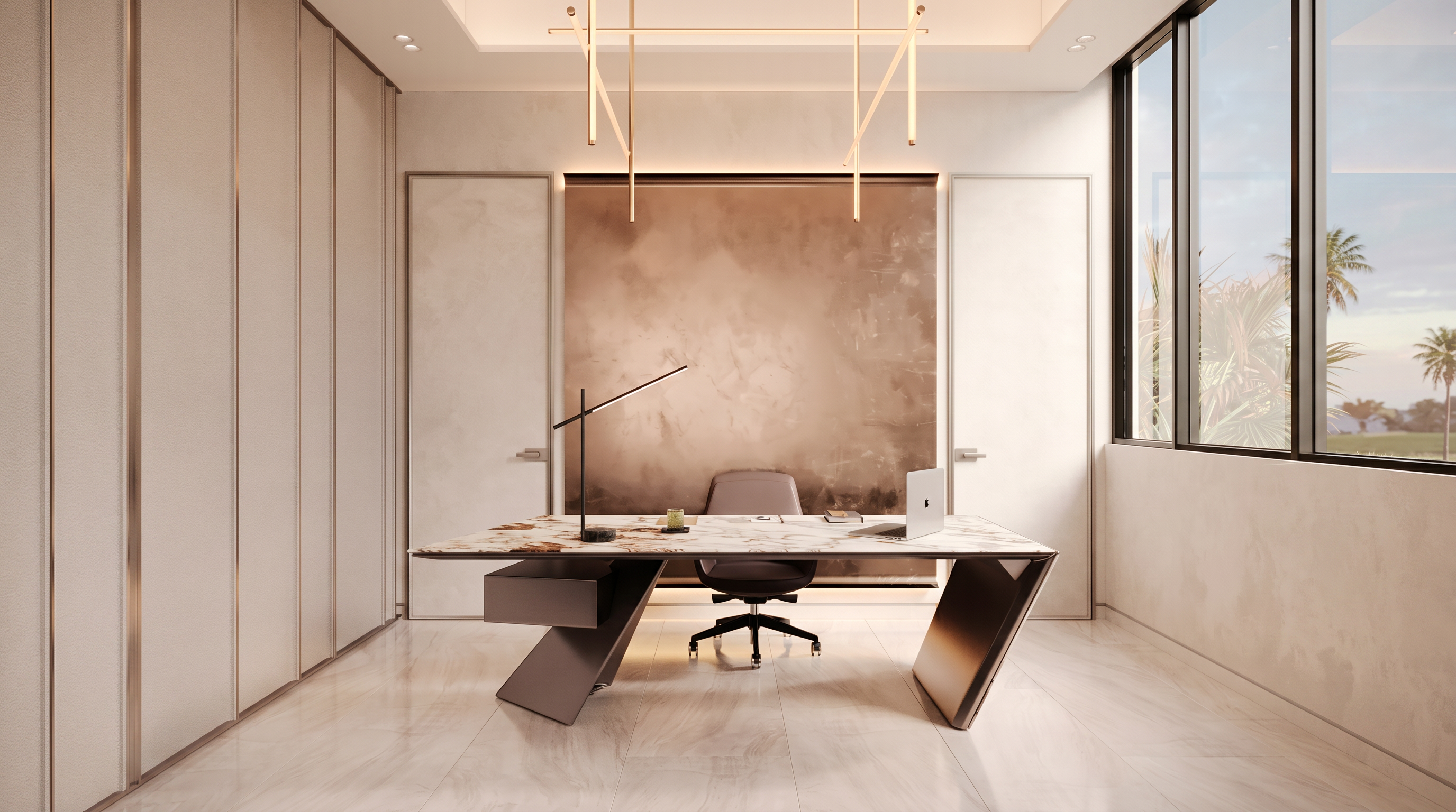This modern home office features a striking desk with a patterned stone top and sculptural dark metal supports. The room is anchored by a large, textured accent wall behind a sleek desk chair, complemented by minimalist pendant lighting and tall, clean-lined cabinetry. Large windows on the right allow natural light to fill the space, creating a sophisticated and professional atmosphere.
