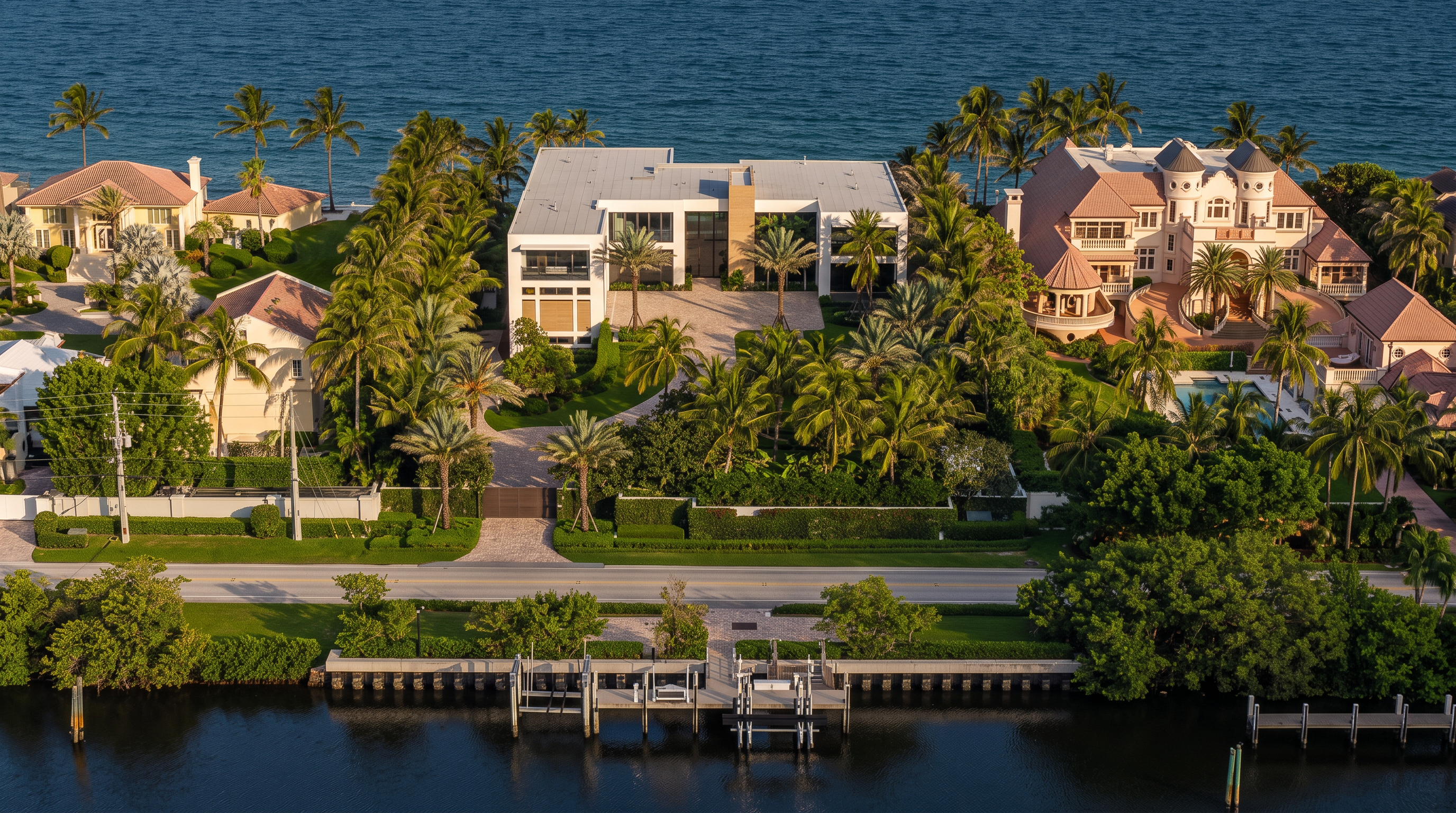 This high-angle aerial perspective captures a luxurious waterfront estate situated between a calm bay and the open ocean. The property features a modern, flat-roofed residence with a paved circular driveway, surrounded by lush tropical landscaping and mature palm trees. The scene highlights the prime coastal location, showcasing both the private dock on the bay side and the expansive blue water views beyond the home.
