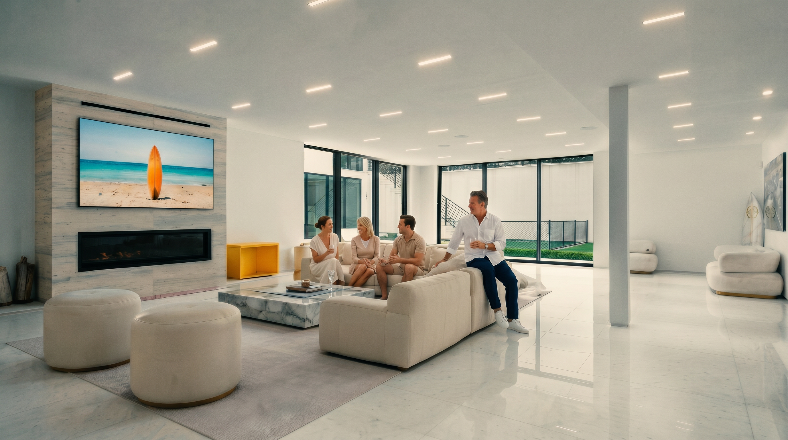 This expansive, minimalist living room features a bright, open-concept design with polished light-colored flooring and recessed ceiling lighting. A large, neutral-toned sectional sofa faces a television mounted on a stone-clad chimney breast, which also incorporates a linear fireplace. Large glass doors provide a clear view to the exterior, while additional seating areas and a central stone coffee table complete the sophisticated, airy aesthetic.