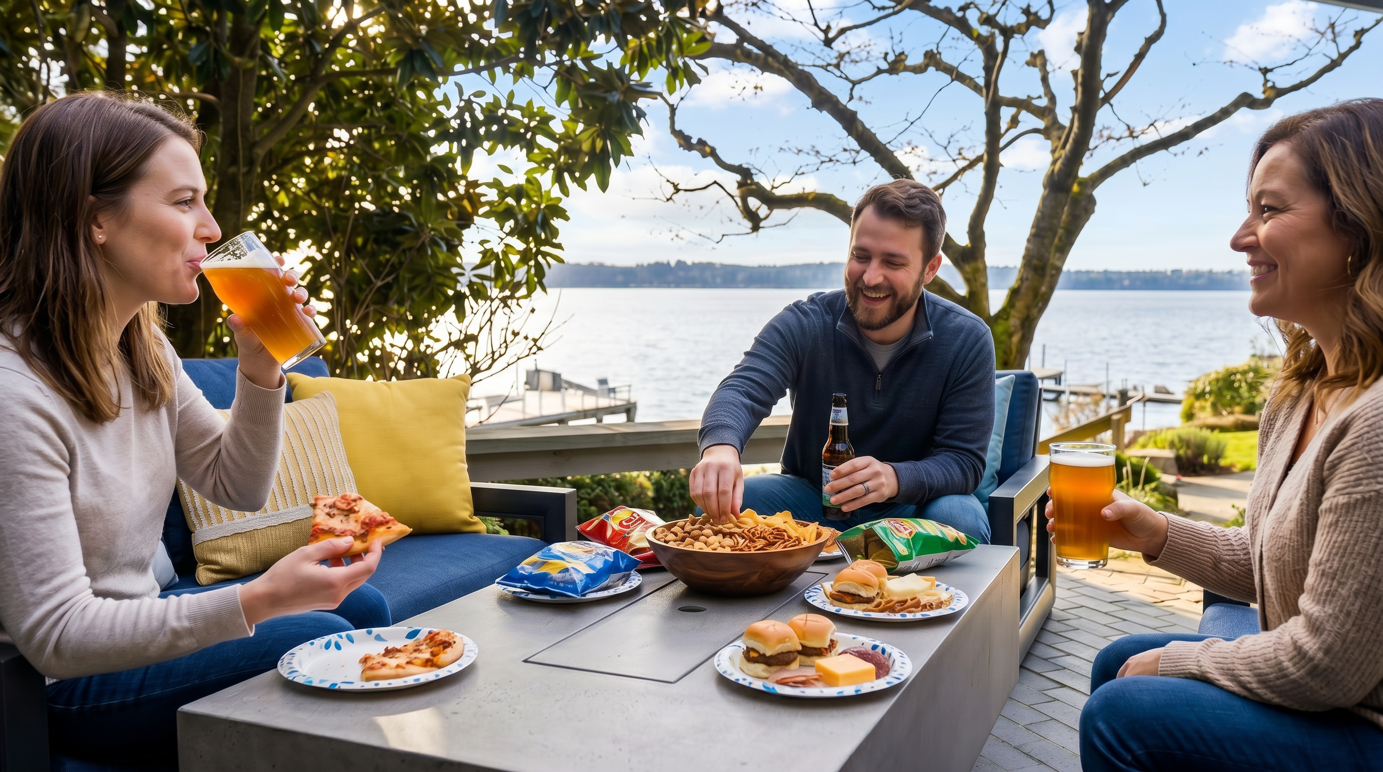 This inviting waterfront patio features a modern outdoor lounge set with plush blue cushions and a central fire pit, perfect for relaxation. The space is paved with dark brick and offers a stunning, unobstructed view of the lake and private docks through large glass walls. The setting is serene and sophisticated, blending comfortable outdoor living with a picturesque natural backdrop.