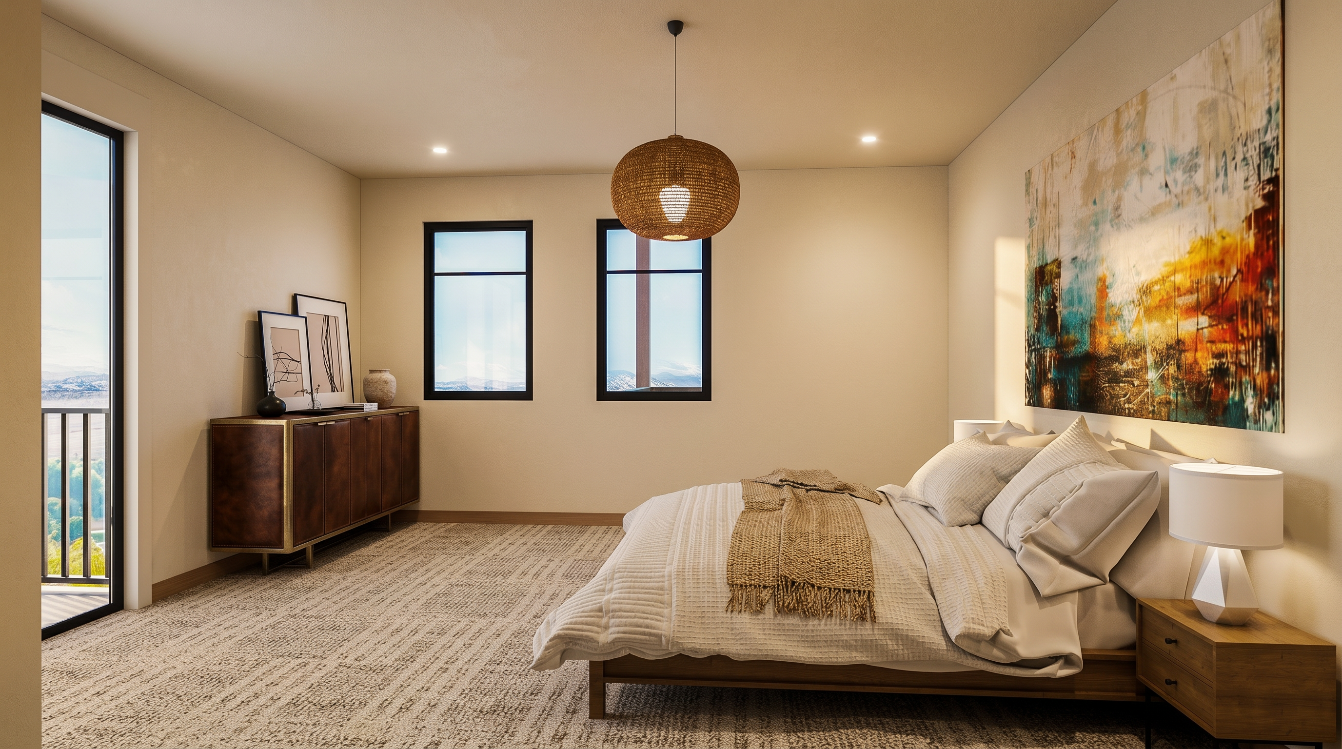 This spacious primary bedroom features a neutral color palette, plush carpeting, and a large bed centered against a wall adorned with a vibrant, abstract art piece. A woven pendant light fixture hangs above the bed, while a sleek sideboard and a light wood nightstand provide functional storage. Large windows allow natural light to fill the room, offering a view of the outdoors and a private balcony access.