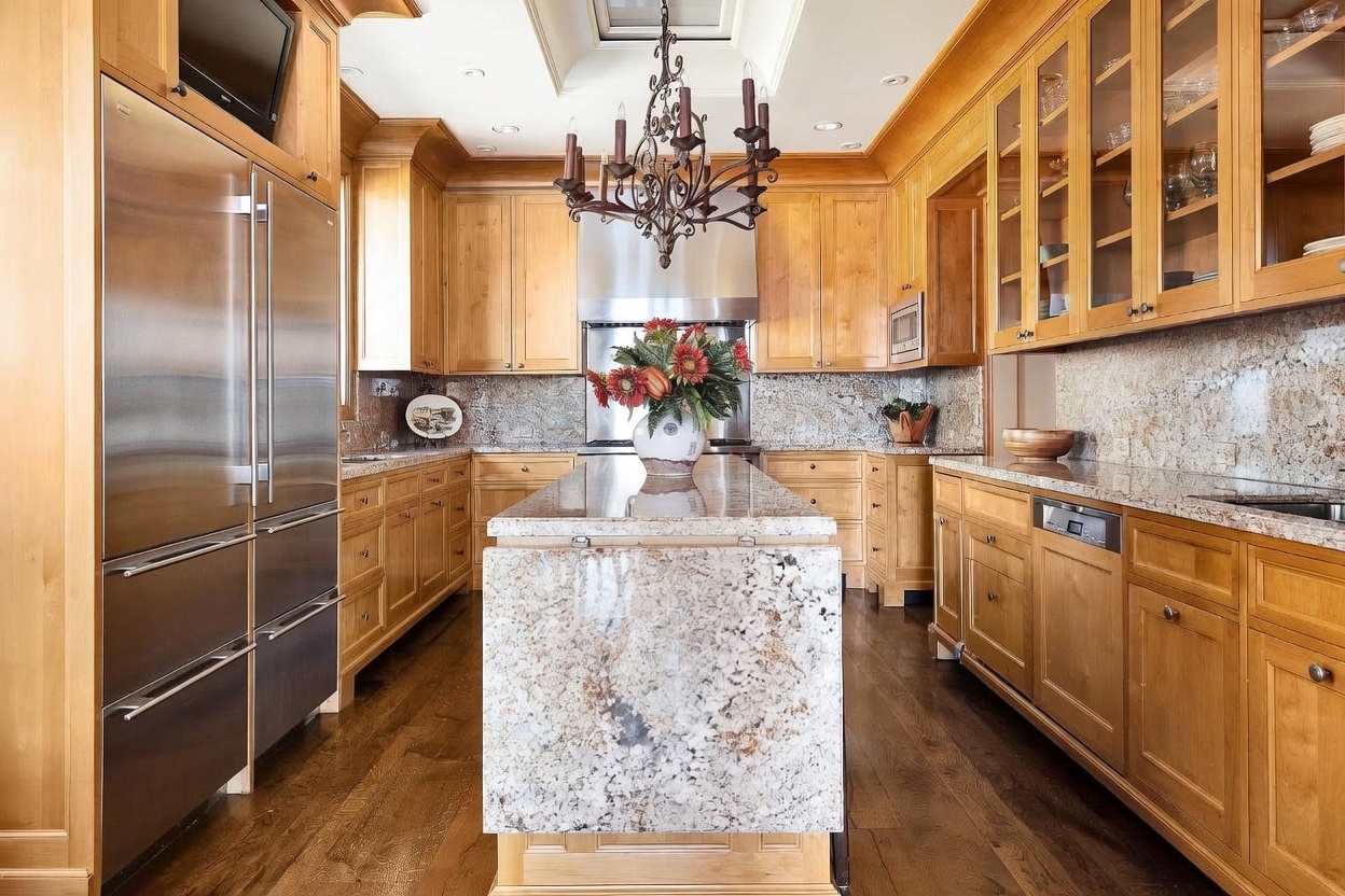 This spacious kitchen features warm-toned wood cabinetry, a large central island with a stone countertop, and high-end stainless steel appliances. A decorative iron chandelier hangs above the island, while the perimeter is lined with stone countertops and a matching backsplash. The perspective is centered, showcasing the symmetrical layout and the rich, dark wood flooring that contrasts with the light cabinetry.