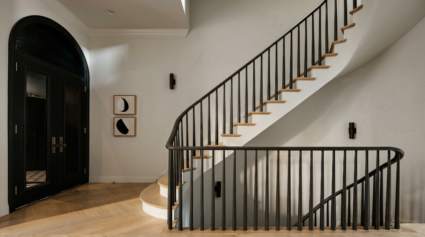 This elegant entryway features a striking curved staircase with dark metal railings and light wood treads, creating a sophisticated focal point. The space is finished with light hardwood flooring in a herringbone pattern and minimalist wall art, conveying a modern, high-end aesthetic. The perspective is from the ground floor, looking up toward the staircase, emphasizing the architectural flow and open, airy atmosphere of the home.