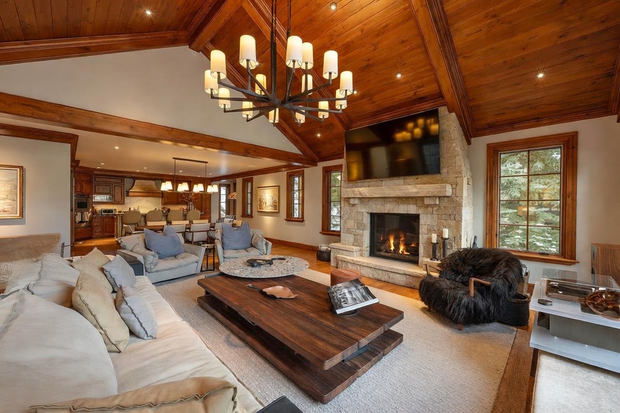 This spacious living room features a vaulted wood-paneled ceiling with exposed beams and a prominent stone-clad chimney breast housing a fireplace. The room is furnished with a large sectional sofa, a tiered wooden coffee table, and a distinctive textured armchair, all arranged on a neutral area rug. A large chandelier hangs centrally, and the open-concept layout provides a clear view into the adjacent dining area and kitchen.