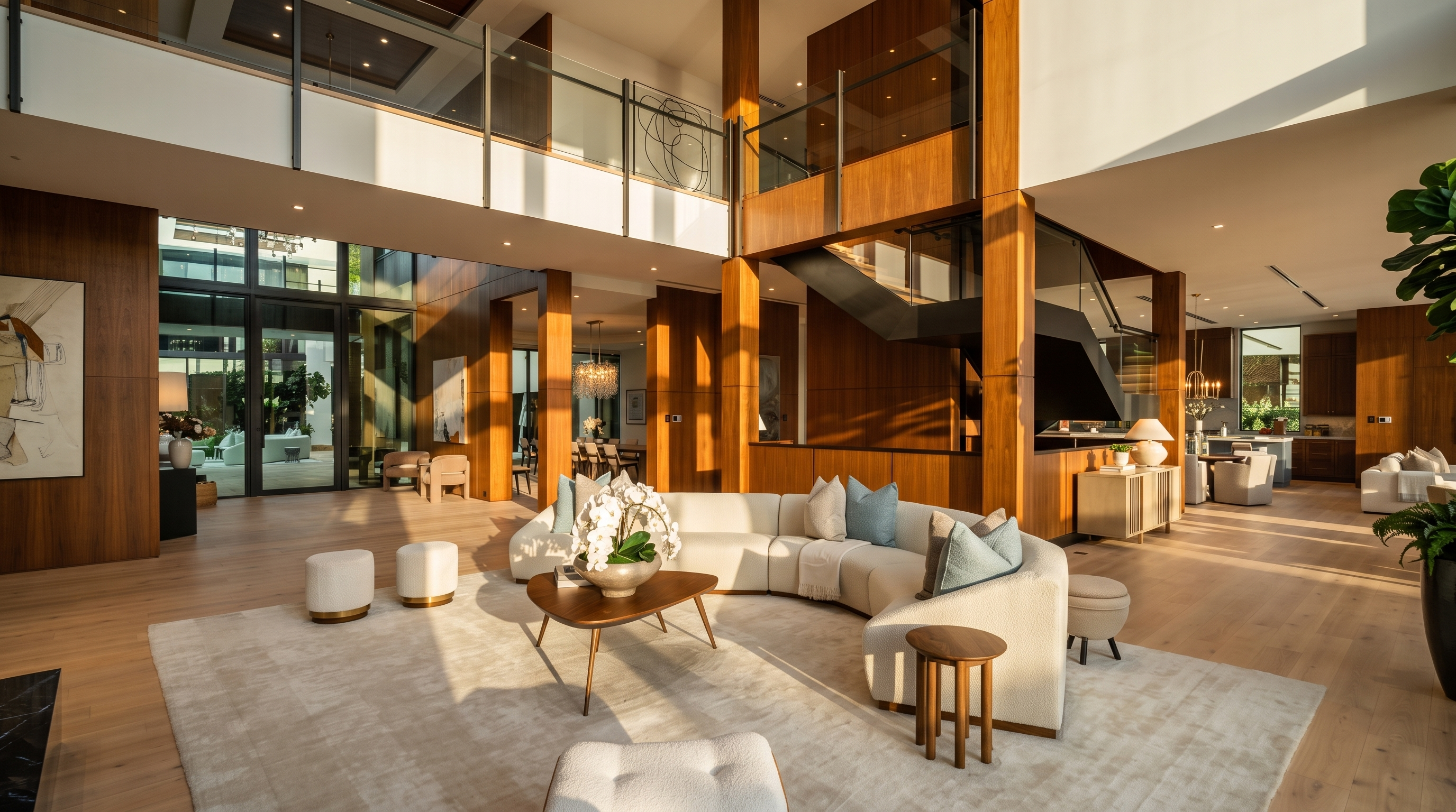 This expansive, open-concept living area features a double-height ceiling and a dramatic staircase with glass railings, creating a grand sense of scale. A large, curved sectional sofa centers the room on a neutral area rug, complemented by a unique triangular coffee table and light wood flooring. The space is defined by warm wood-paneled walls and large windows that provide a seamless transition to the outdoor area, offering a sophisticated and modern aesthetic.