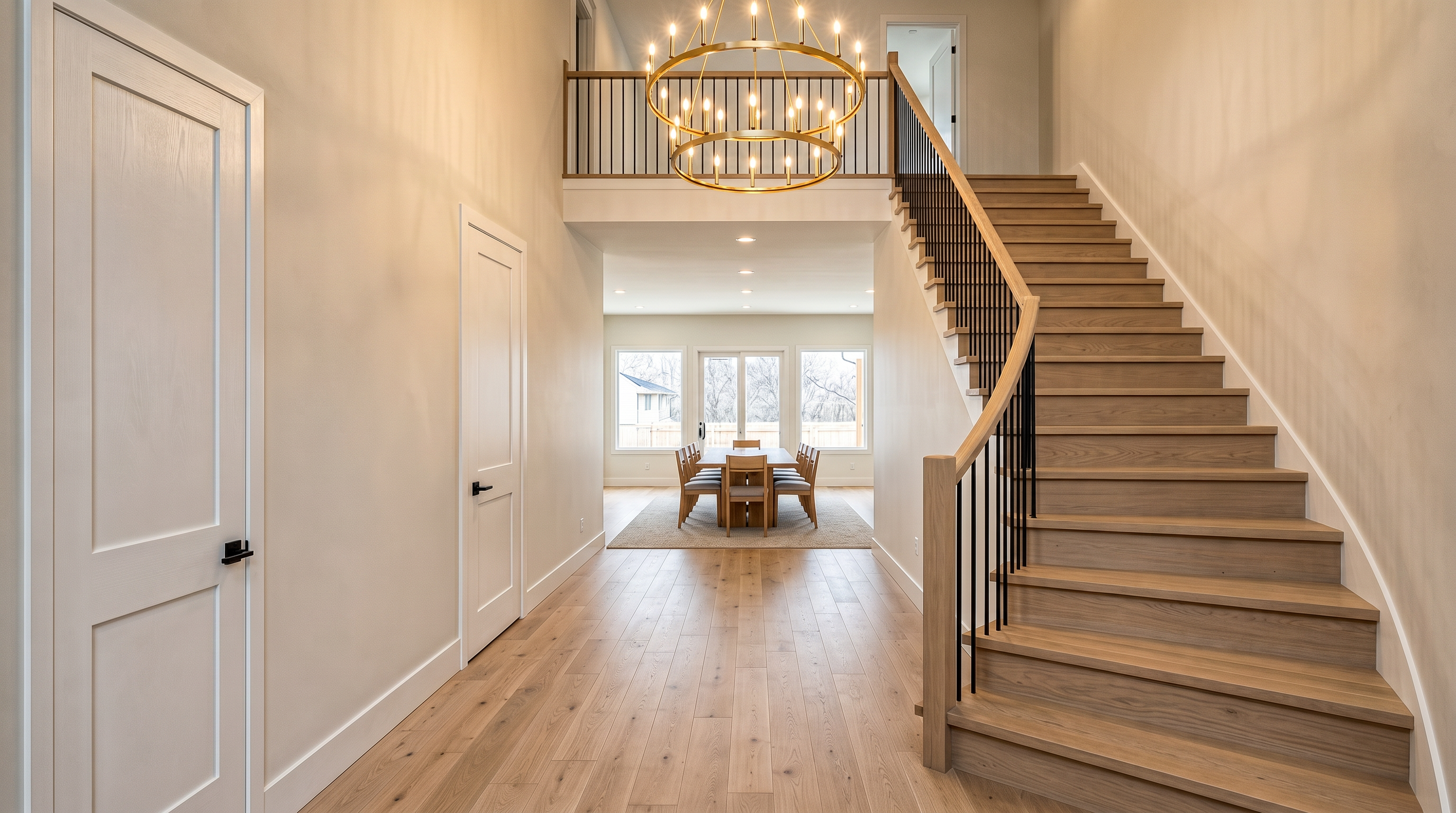 This grand foyer showcases a striking wooden staircase with modern black metal railings and a sophisticated, multi-tiered brass chandelier. The open floor plan provides a clear view through the entryway into a bright dining area, highlighting the seamless transition between spaces. Featuring light-toned hardwood flooring and a neutral color palette, the house exudes a contemporary and airy atmosphere.