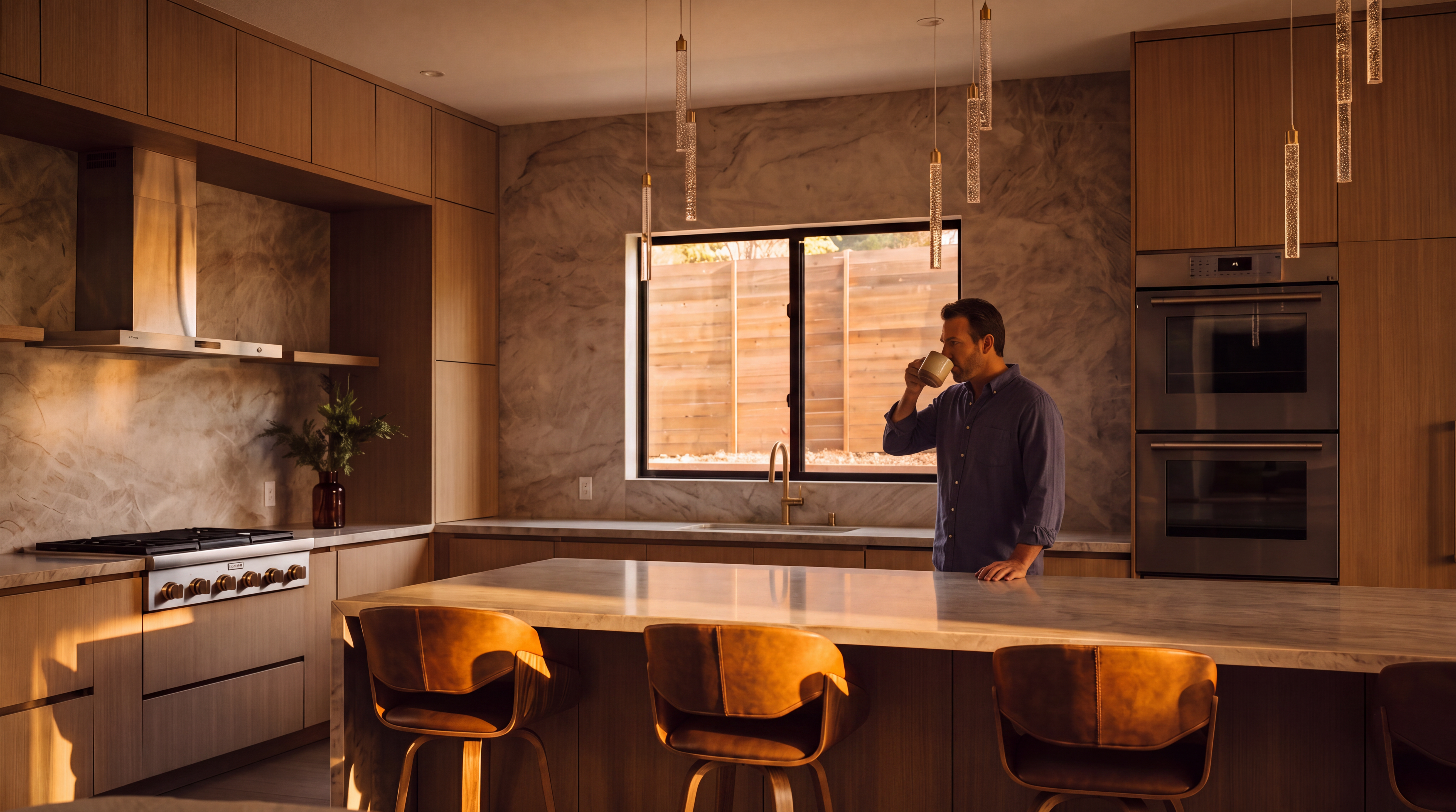 This modern kitchen features light wood cabinetry, a large central island with stone countertops, and three leather-upholstered bar stools. A window above the sink provides a view of the backyard, while elegant pendant lights hang above the island. The space is finished with stone-clad walls and high-end stainless steel appliances, creating a sophisticated and cohesive aesthetic.