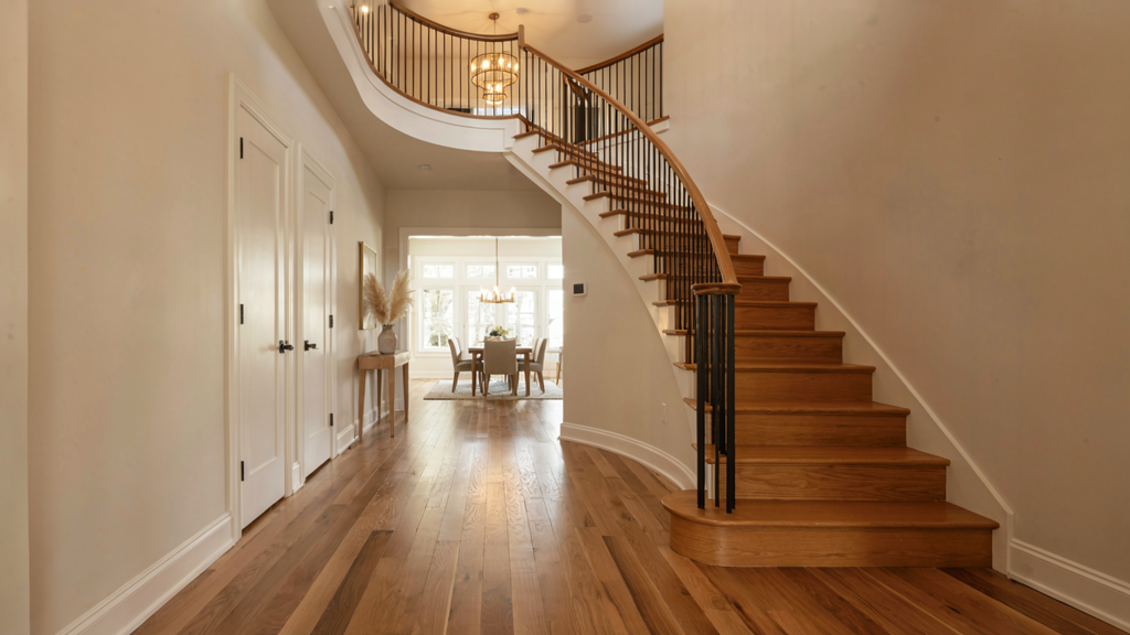 This elegant foyer features a grand, curved staircase with light wood treads and a striking black iron railing, acting as the focal point of the space. To the left, white doors lead to discreet rooms, while the hallway opens up to a bright, inviting dining area illuminated by a matching chandelier. The hardwood flooring flows consistently throughout, enhancing the open, polished, and sophisticated architectural design of the home.