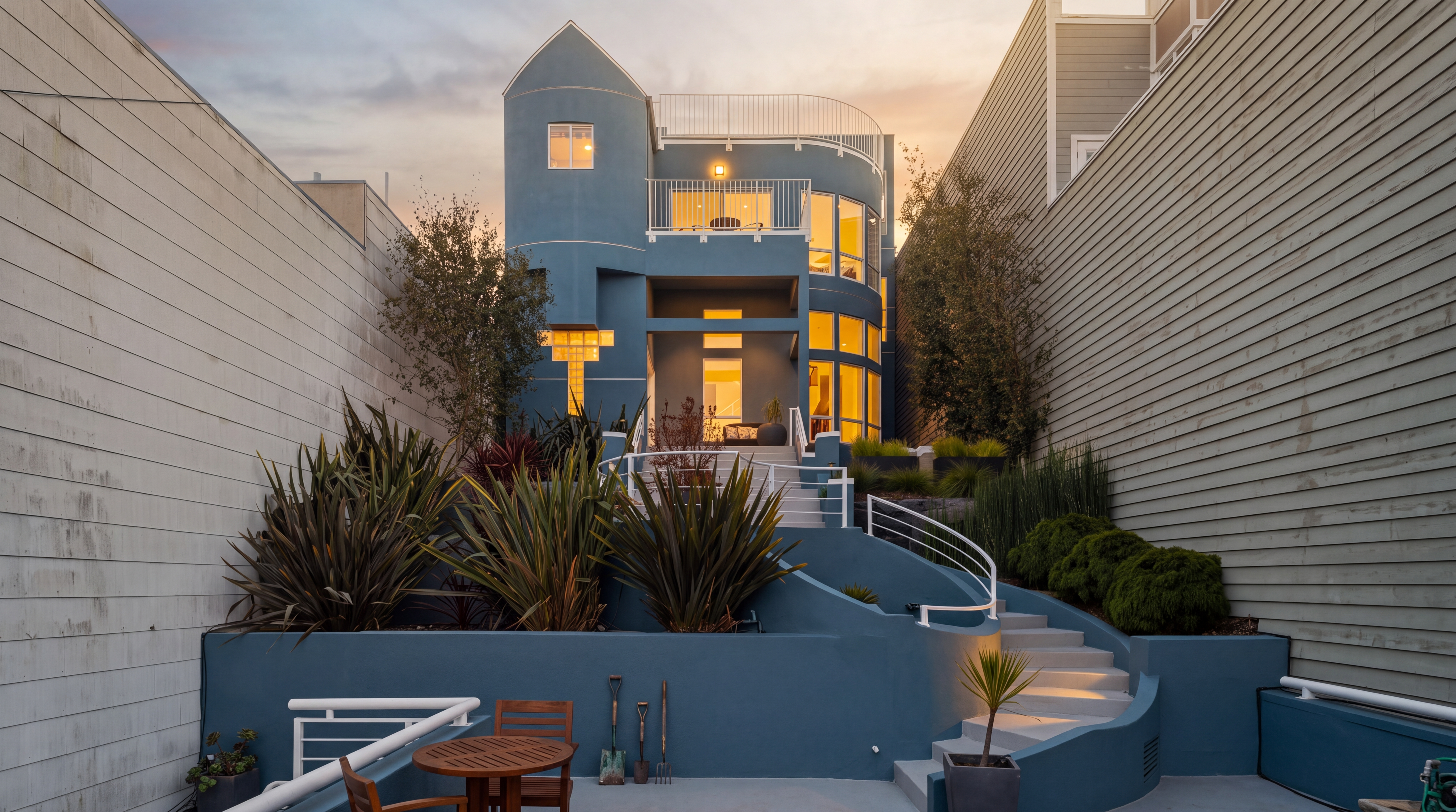 This striking blue-hued residence features a unique, tiered architectural design with a prominent curved facade and multiple levels of outdoor living space. A winding staircase leads from the lower patio area up to the main entrance, flanked by lush landscaping and integrated lighting. The home is nestled between two neighboring properties, creating a private, urban sanctuary with a modern, sculptural aesthetic.
