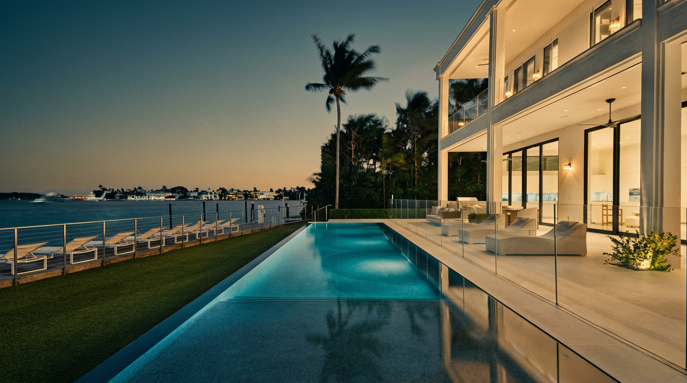This luxurious waterfront property features a sleek, rectangular infinity-edge pool that seamlessly blends with the calm bay beyond. A spacious, light-toned patio area is furnished with modern lounge chairs, protected by a glass railing that maintains unobstructed views of the water and the evening sky. The two-story home showcases contemporary architecture with expansive glass walls, creating a sophisticated indoor-outdoor living experience.