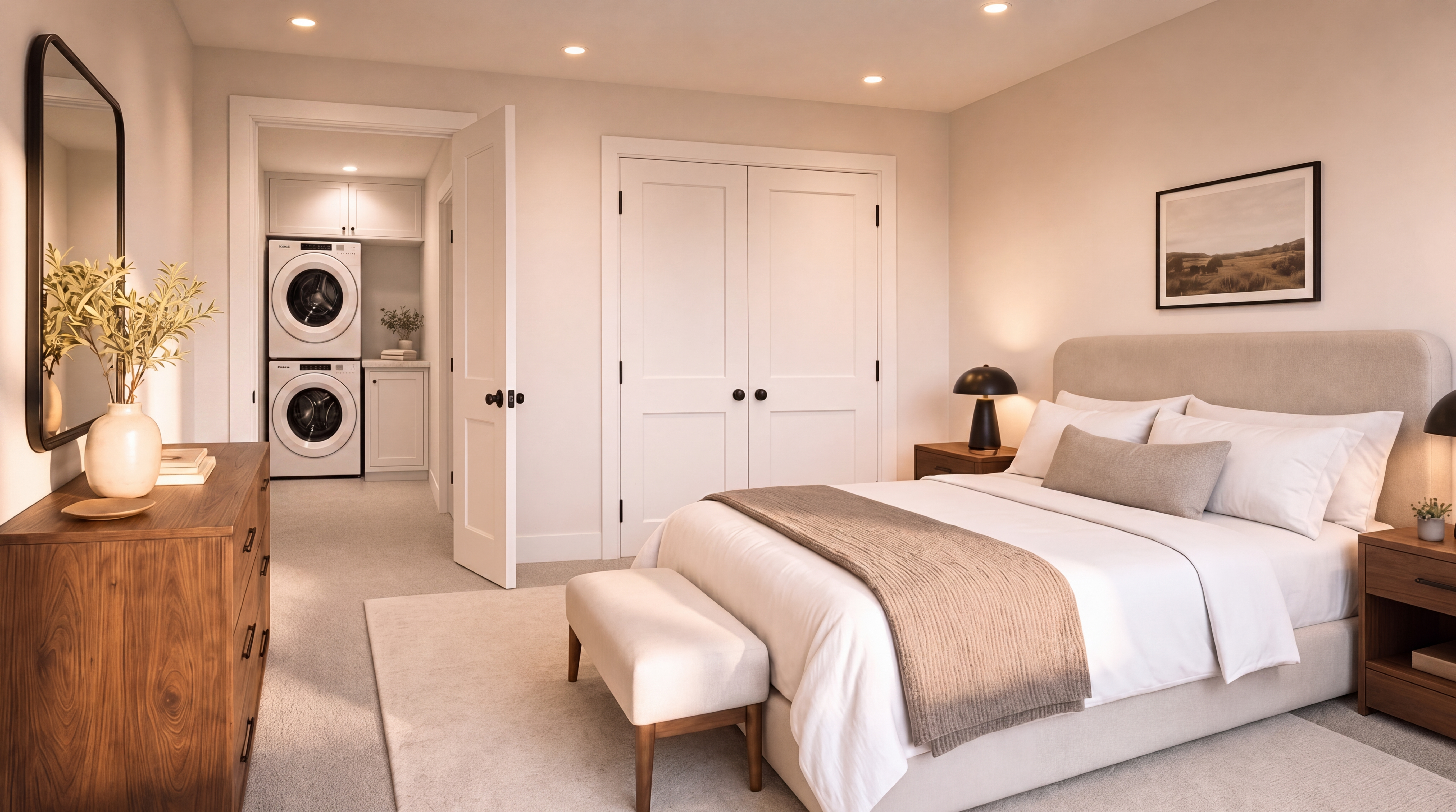 This serene primary bedroom features a neutral color palette, a plush upholstered bed, and a wooden dresser, exuding a clean and modern aesthetic. The room conveniently opens into a dedicated laundry alcove equipped with a stacked washer and dryer set, highlighting a practical and contemporary design. With warm ambient lighting and tasteful decor, the space offers a cozy and functional retreat.