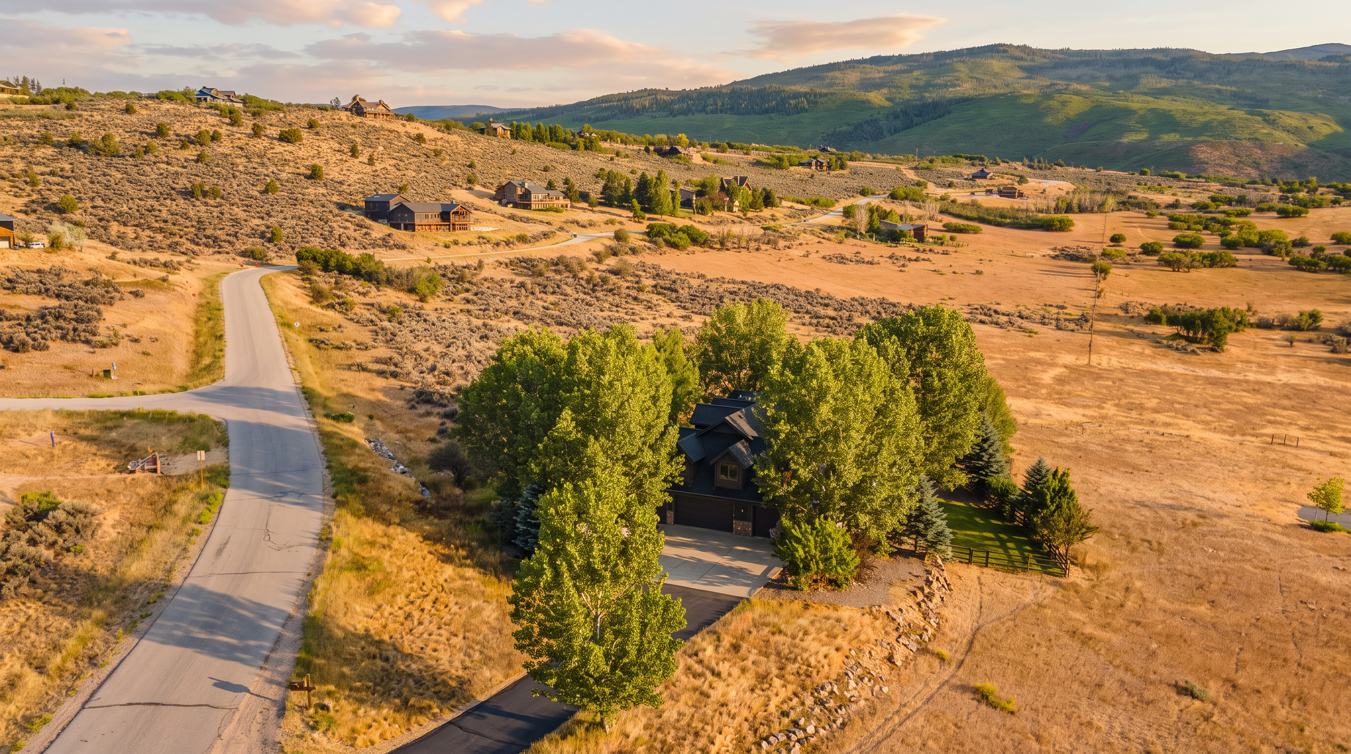 This aerial view captures a secluded, multi-level home nestled among tall, mature shade trees in a vast, arid landscape. The property features a paved driveway connecting to a quiet neighborhood road and is surrounded by rolling hills and open fields, providing a peaceful, rural atmosphere. The home's dark exterior contrasts beautifully with the warm, golden tones of the surrounding terrain, emphasizing its status as a private retreat.