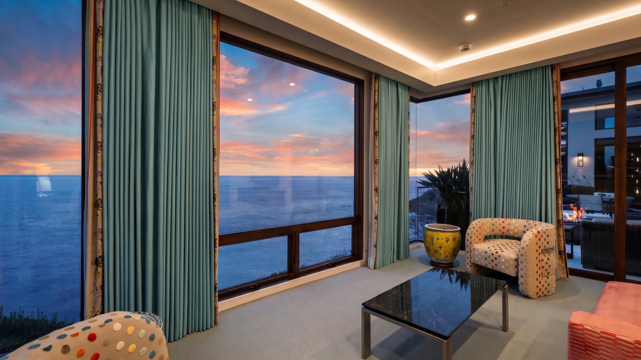 This bright living room features expansive windows that frame a panoramic view of the ocean. The space is furnished with two patterned armchairs and a sleek, dark-topped coffee table, all set against a neutral carpet. A soft, recessed cove light illuminates the ceiling, creating a serene and airy atmosphere perfect for coastal living.