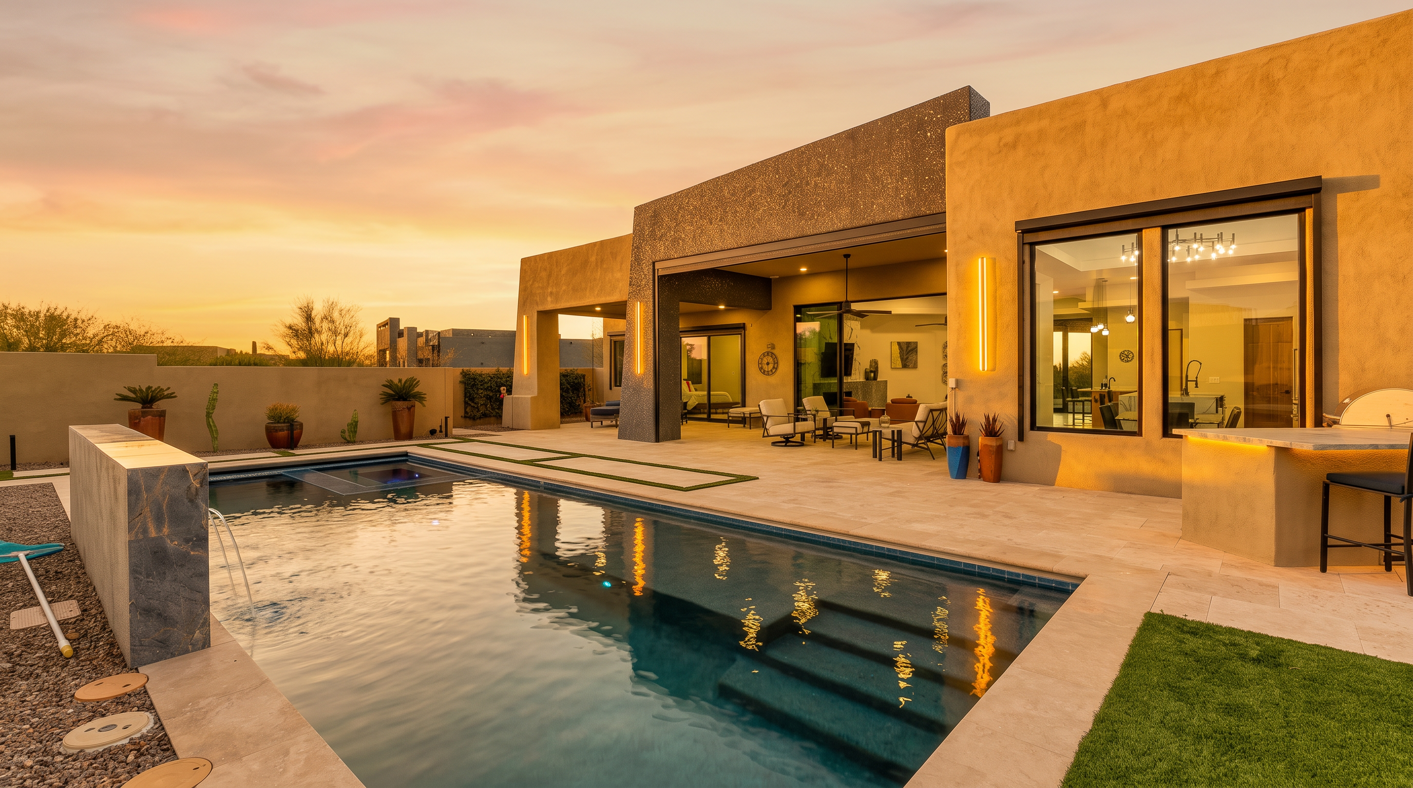 This stunning rear exterior view showcases a modern desert-style home at dusk, featuring a large swimming pool with a built-in spa and a water feature. The expansive covered patio provides a seamless transition between the indoor living space and the outdoor area, which includes a built-in grill station and comfortable lounge seating. The scene is illuminated by warm accent lighting, highlighting the clean lines and contemporary architecture against a vibrant twilight sky.