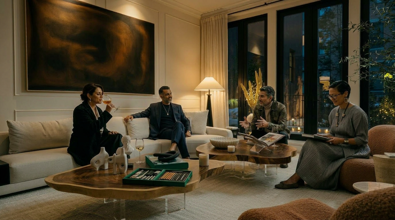 This sophisticated living room features a neutral color palette, highlighted by a large, abstract dark-toned painting and elegant wall molding. The space is anchored by two organic-shaped wooden coffee tables with clear acrylic bases, set against a plush, light-colored sectional sofa and warm-toned textured armchairs. Large floor-to-ceiling windows with dark frames allow natural light to flood the room, creating an airy and luxurious atmosphere.