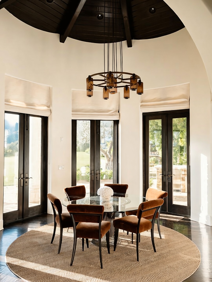 This elegant circular dining room features a dramatic dark wood vaulted ceiling and a unique, multi-pendant wheel-style chandelier. The space is anchored by a glass-topped table surrounded by four velvet-upholstered chairs, all resting on a textured circular rug. Three sets of tall glass doors with dark frames provide abundant natural light and views of the outdoor landscape, creating a sophisticated and airy atmosphere.