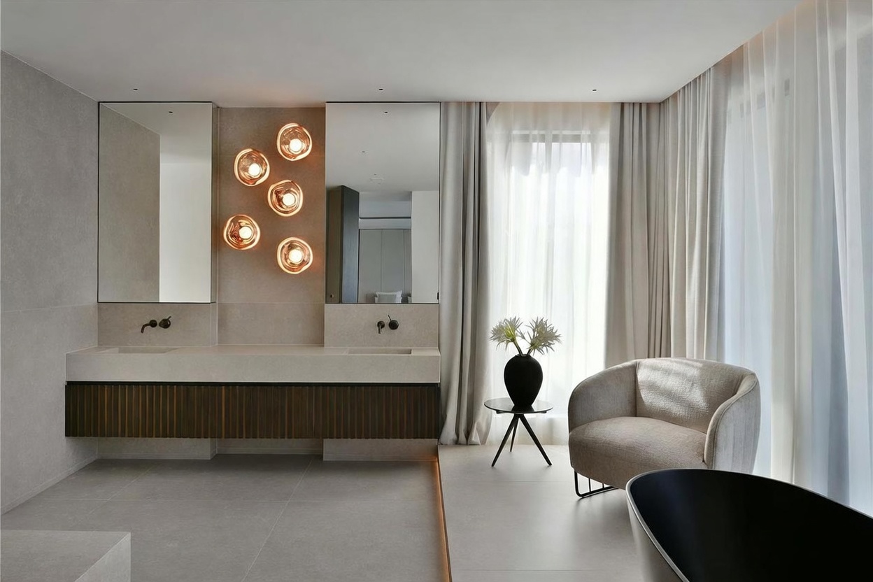This luxurious primary bathroom features a sleek, floating double vanity with a textured wood-slat base and a smooth stone countertop. A cluster of warm, spherical pendant lights hangs beside a large mirror, while a comfortable armchair sits near a window draped in soft, floor-to-ceiling curtains. The space is finished with neutral-toned large-format tiles and includes a glimpse of a dark, modern soaking tub in the foreground.