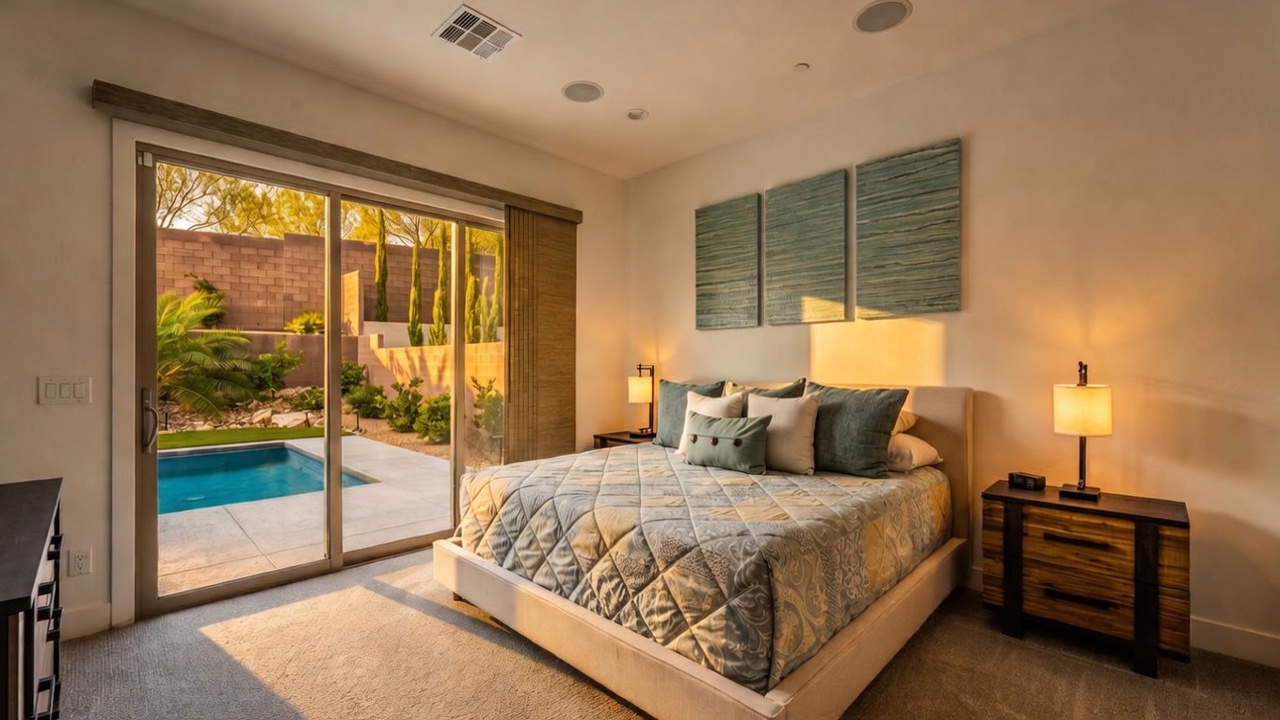 This bright and airy bedroom features a neutral color palette with a plush upholstered bed as the focal point. Large sliding glass doors provide a seamless transition to the outdoor pool area, filling the room with natural light. The space is accented by three textured wall art pieces and warm bedside lighting, creating a serene and inviting atmosphere.