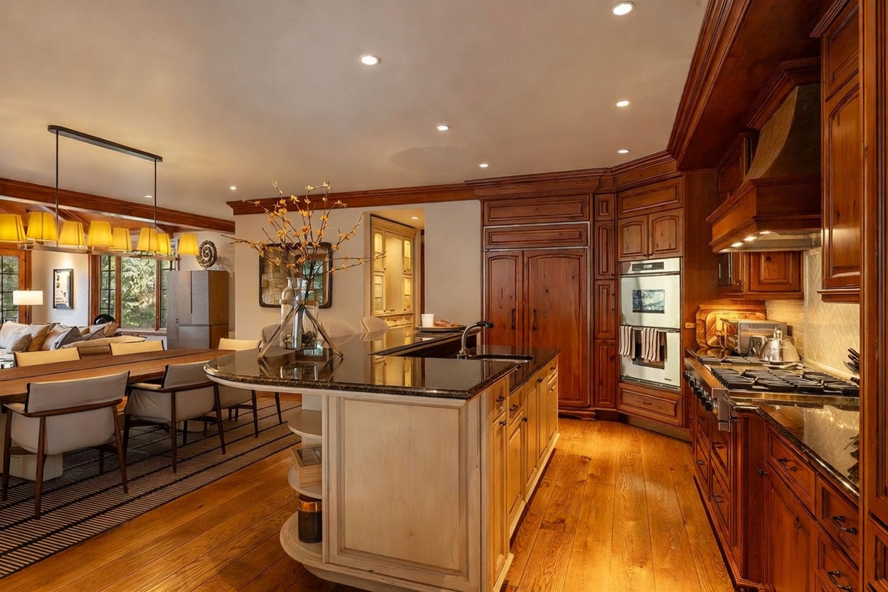 This warm and inviting kitchen features rich wood cabinetry paired with a light-toned island base and a dark stone countertop. The space is illuminated by recessed lighting and a series of pendant lights hanging over the dining area, creating a cozy atmosphere. The open-concept layout seamlessly connects the kitchen to the dining space, showcasing hardwood flooring throughout and a professional-grade range.