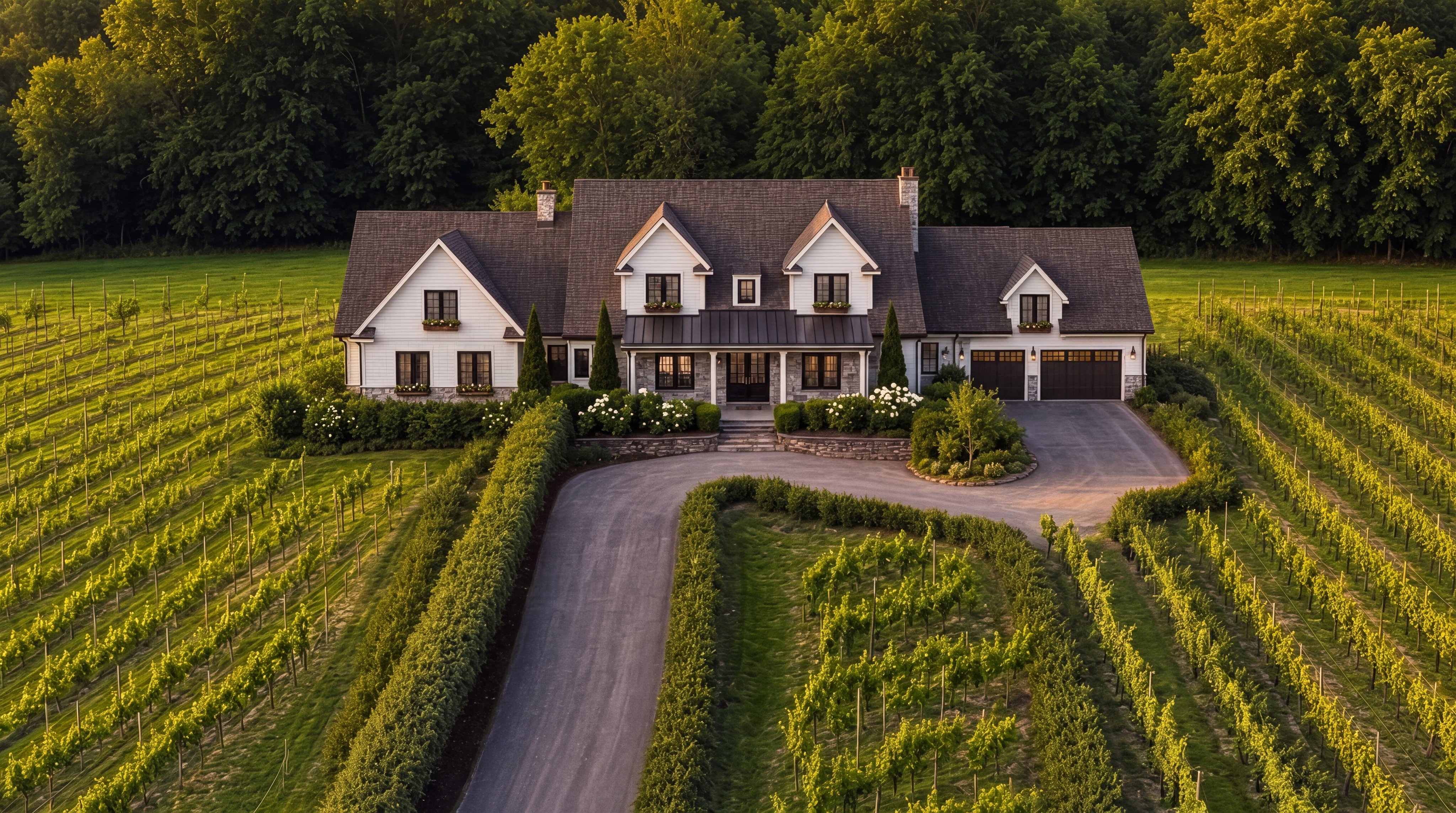 This charming cottage-style residence is positioned in the center of a lush, expansive vineyard. The home features classic white siding with dark-framed windows, a steep roofline with dual dormers, and a prominent stone-facade base. A long, winding driveway provides a grand approach, framed by meticulously manicured hedges, creating an idyllic and picturesque country estate.