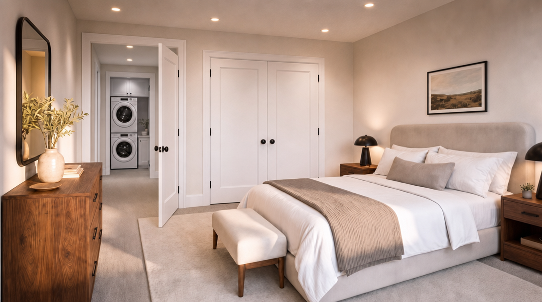 This tranquil primary bedroom features a warm, neutral color palette with soft beige walls and high-quality wood furnishings, including a mid-century modern dresser and matching nightstands. The room includes an upholstered bed with layered bedding, a stylish bench at the foot, and an open doorway leading to a functional laundry area, creating a highly practical yet aesthetically pleasing living space.