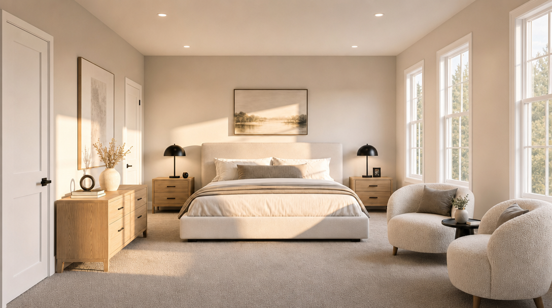 A tranquil and elegantly designed primary bedroom featuring neutral tones, a plush king-sized bed, and light wood furnishings. The room is enhanced by soft ambient lighting, high-end boucle accent chairs, and an attached seating area that creates a sophisticated, calming atmosphere. Large windows invite abundant natural light, highlighting the clean, modern aesthetic perfect for a luxury home listing.