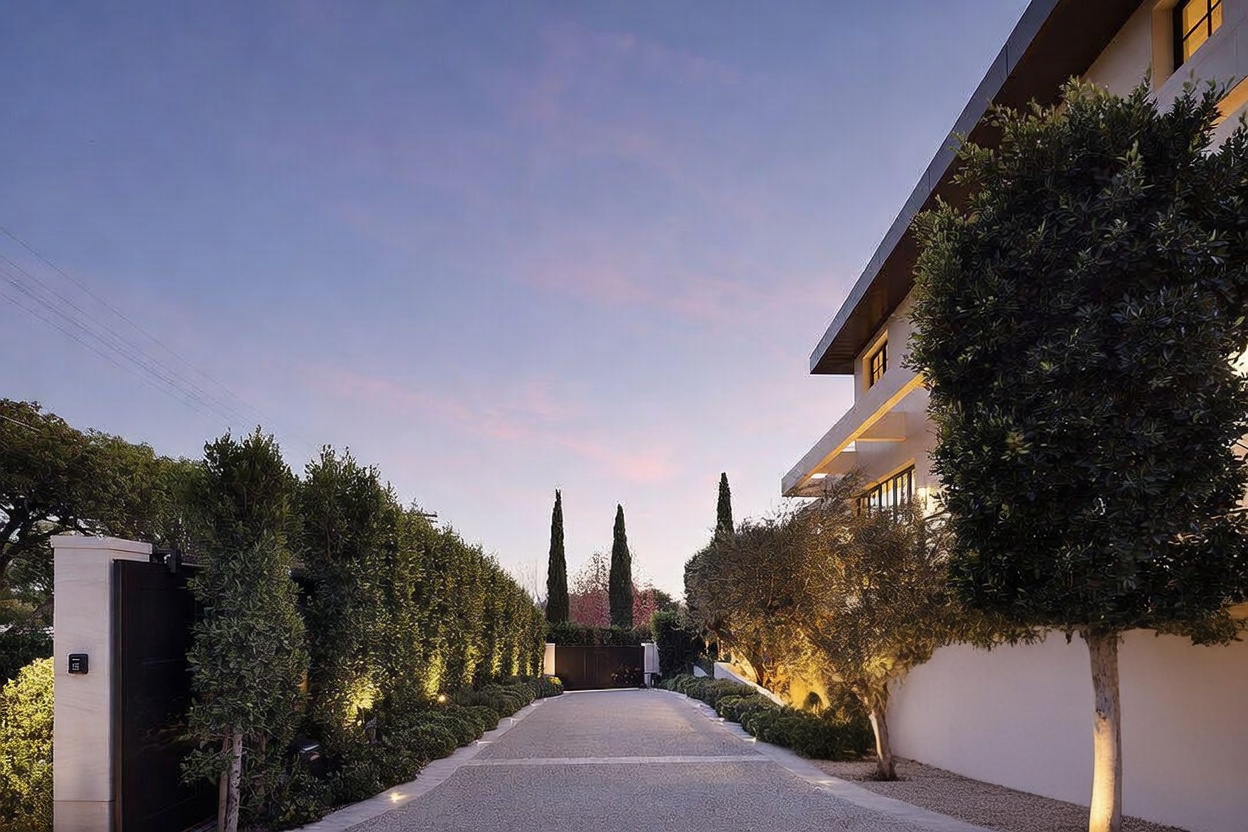 This image captures a sophisticated, gated driveway leading toward a modern residence at dusk. The path is lined with manicured hedges and illuminated by soft ground-level lighting, creating an inviting and luxurious atmosphere. The architecture features clean lines and large windows, with the warm glow from the interior contrasting beautifully against the twilight sky.