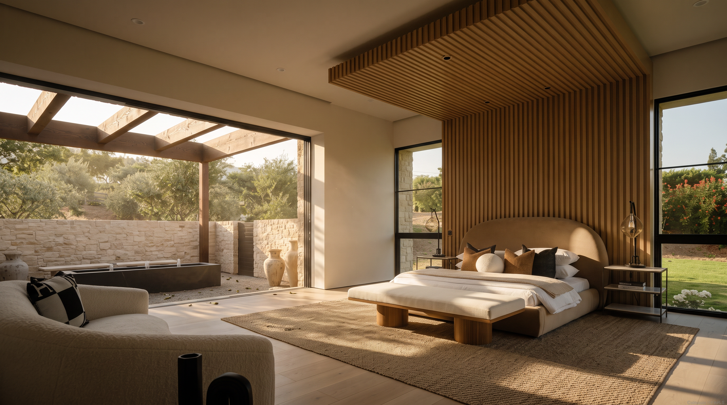 This expansive primary bedroom features a striking light wood slat accent wall that extends across the ceiling above the bed, creating a dramatic focal point. The room is bathed in natural light from large windows and a wide sliding glass door that opens to a private patio with a water feature. A neutral color palette, curved furniture, and a textured area rug contribute to a sophisticated, serene, and contemporary atmosphere.
